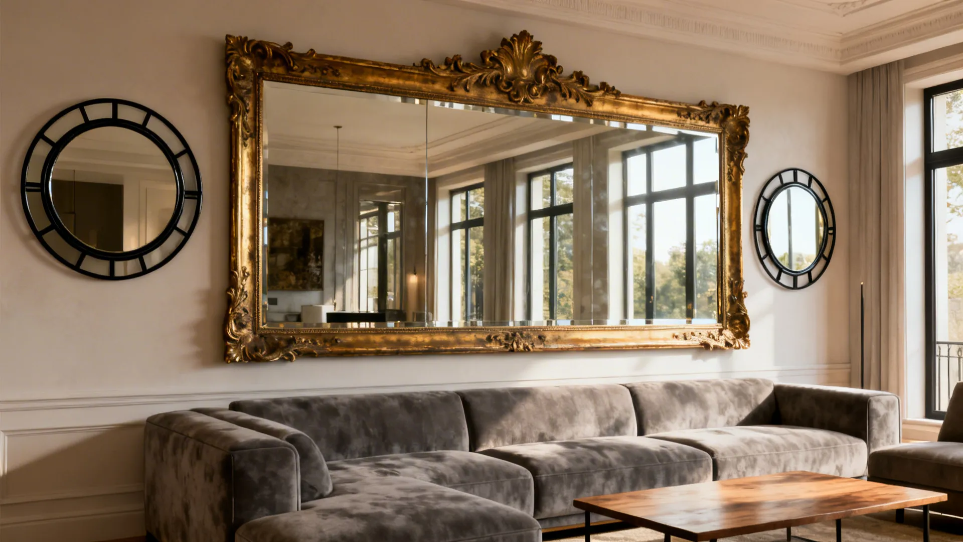 Antique-finish large mirror and grouped round mirrors reflecting a bright living room