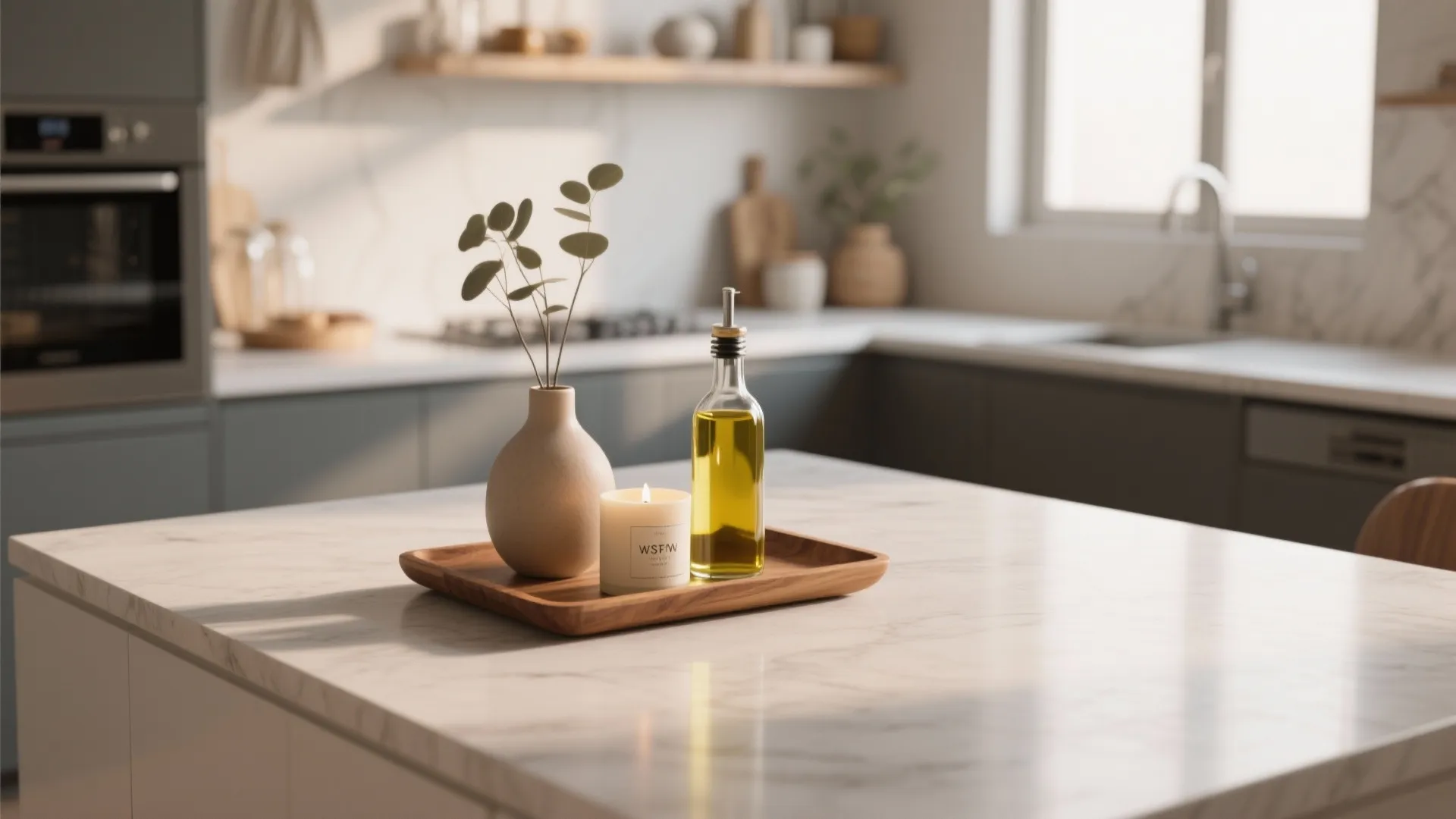 Marble countertop featuring wooden tray with a small vase candle and bottle of olive oil