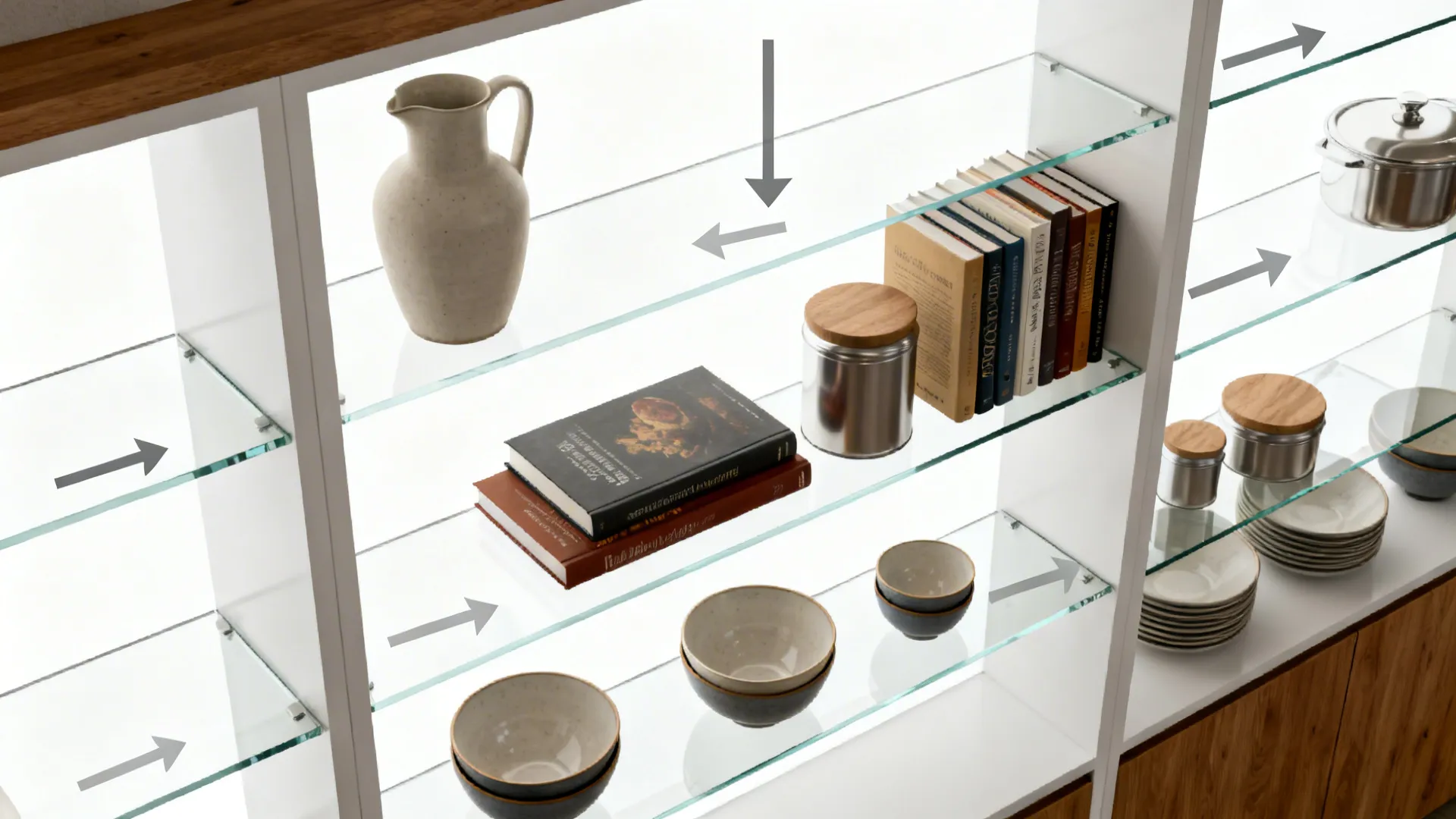 White open shelving unit with glass shelves displaying books bowls and a pitcher with gray arrows