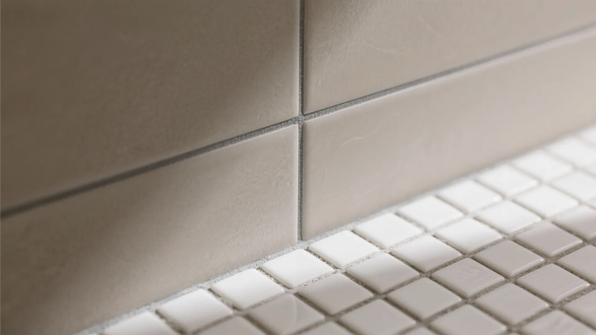 Close up of grey wall tiles meeting small white floor tiles with clean grey grout