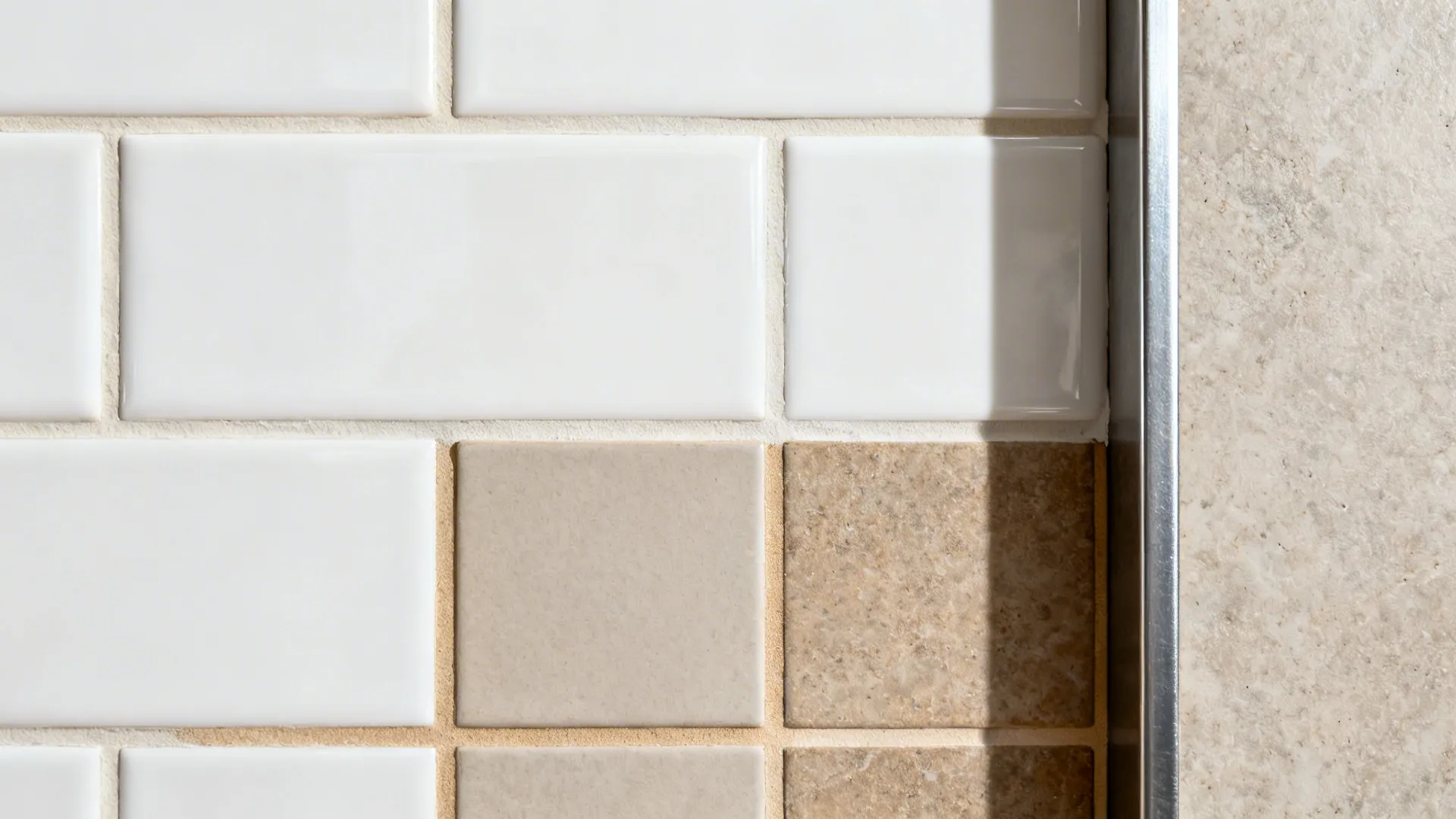 Macro comparison of grout colors and trims across different backsplash tile types.