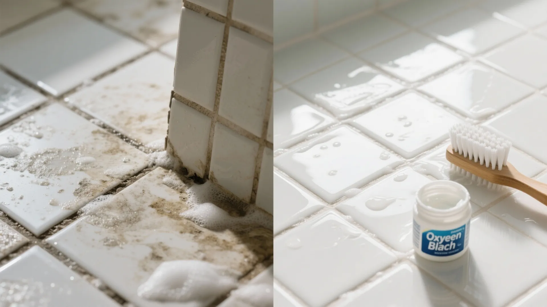 Split-view macro showing grout before with stains and after looking bright and sealed, with a nylon brush nearby.
