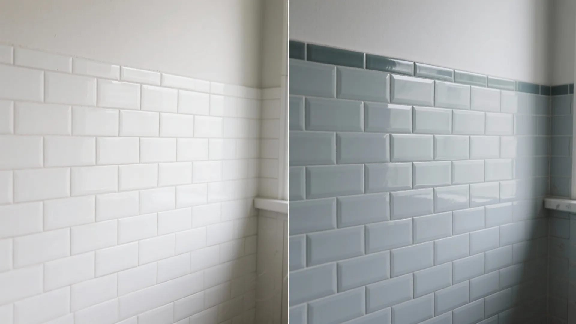 Side by side comparison of white subway wall tiles versus light blue subway wall tiles