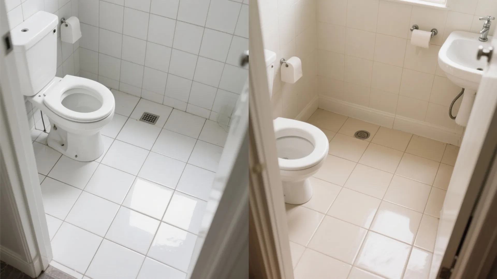 1) Minimal white tile with warm grout balance