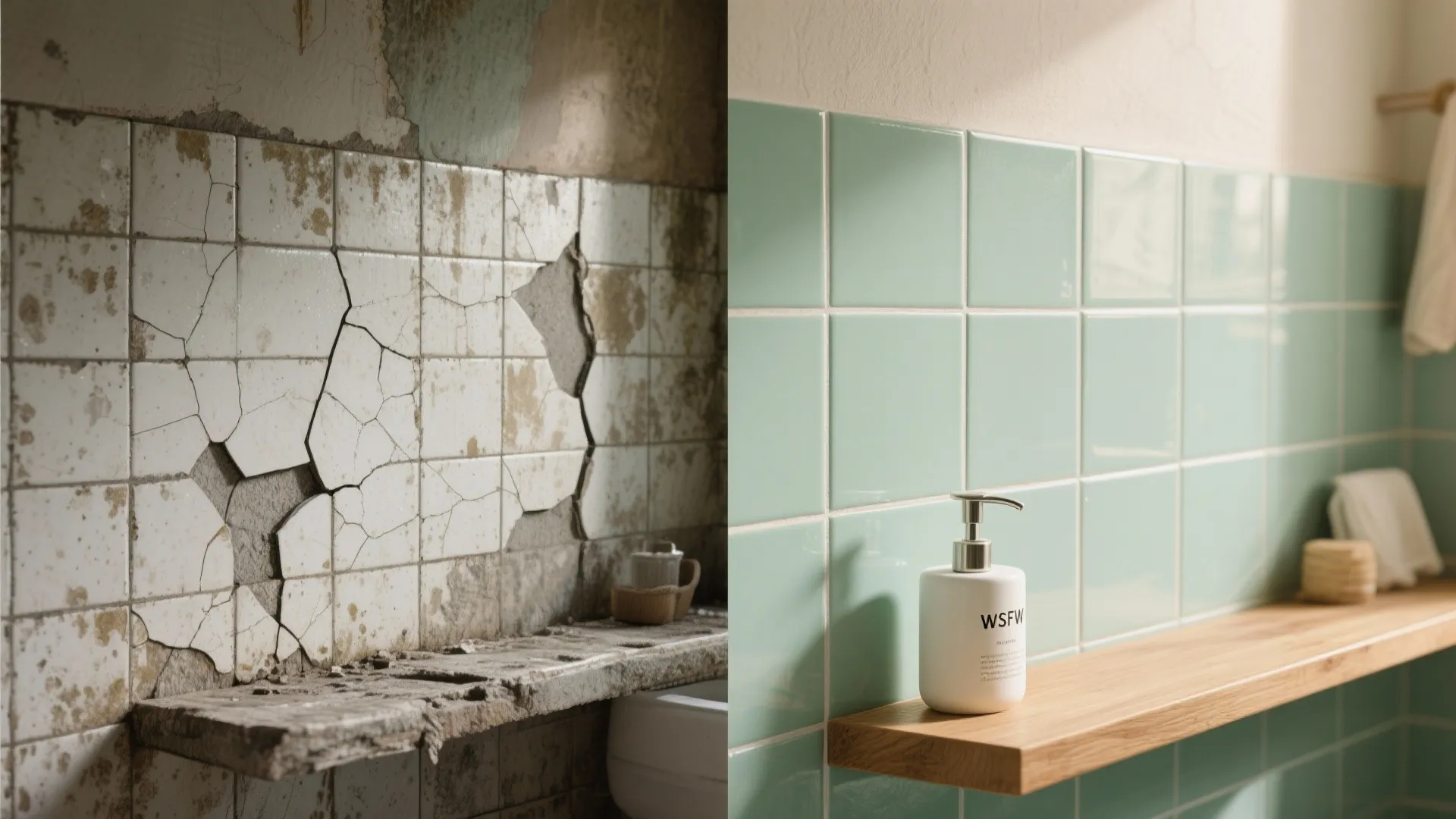 Before and after comparison of old cracked bathroom tiles versus clean new green wall tiles