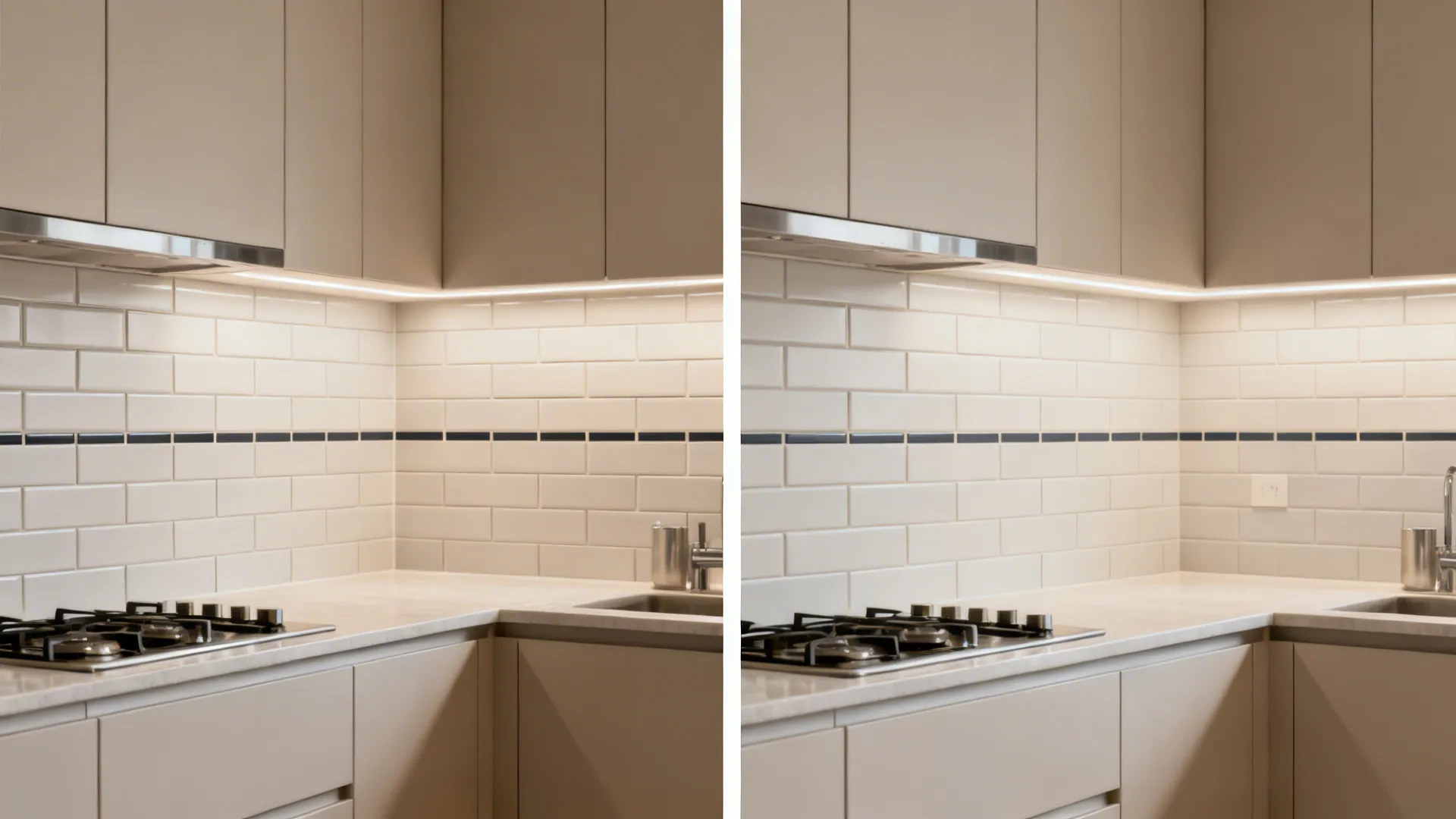 Kitchen backsplash comparison showing dark grout lines on left and white grout on the right