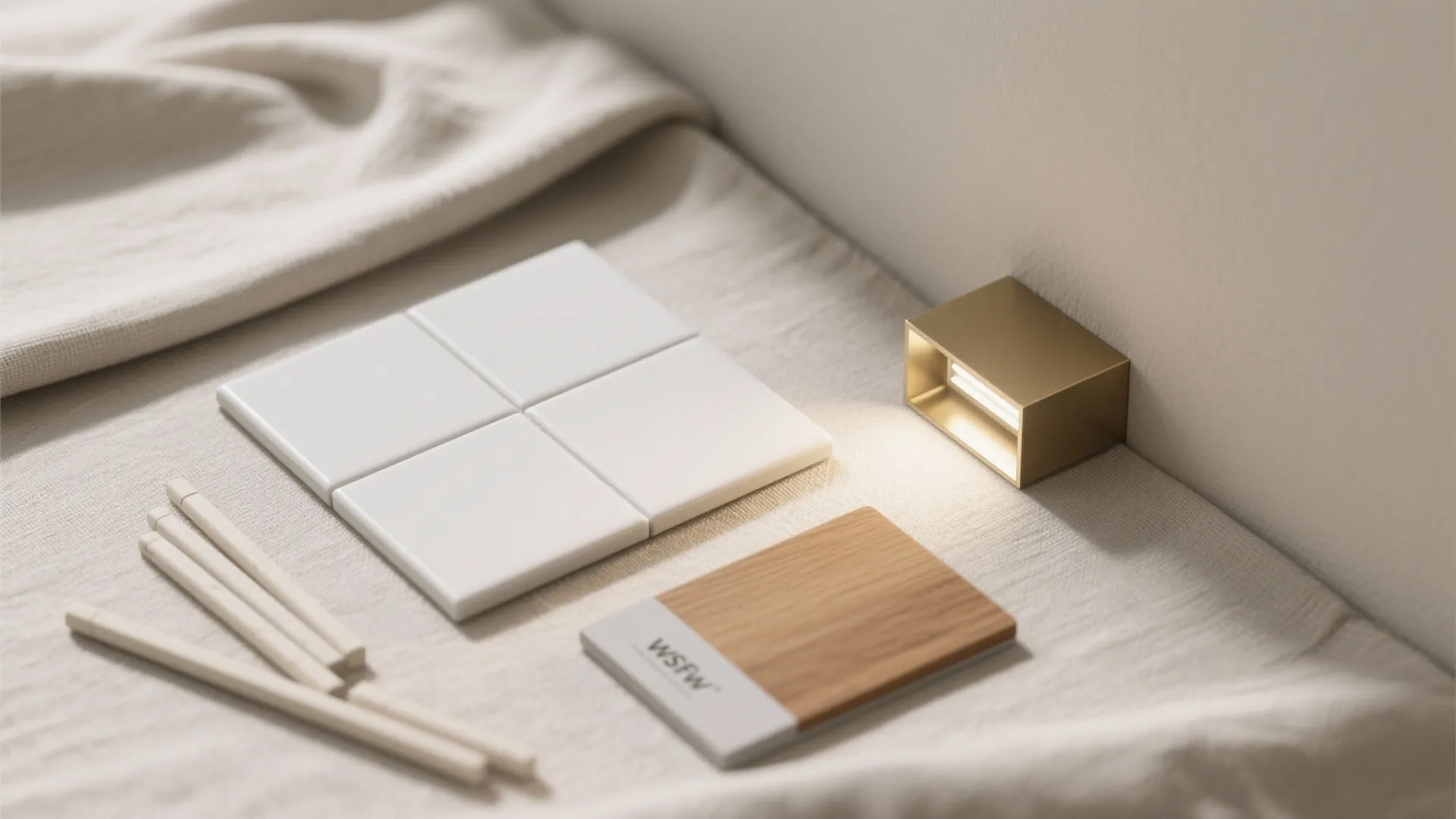 Interior design materials including white tiles wood sample gold wall light and pencils on cloth