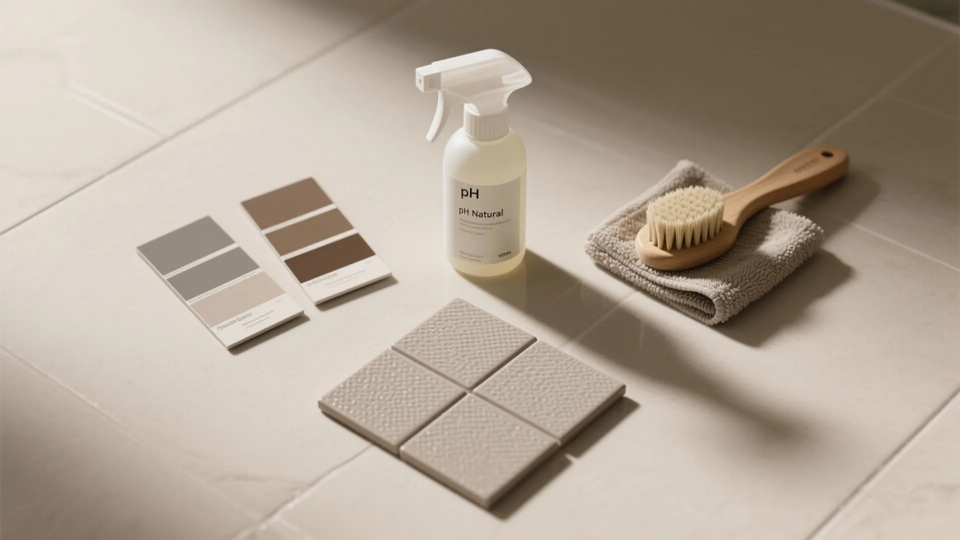 Cleaning spray bottle beside a wooden brush and small towel on a beige tiled floor