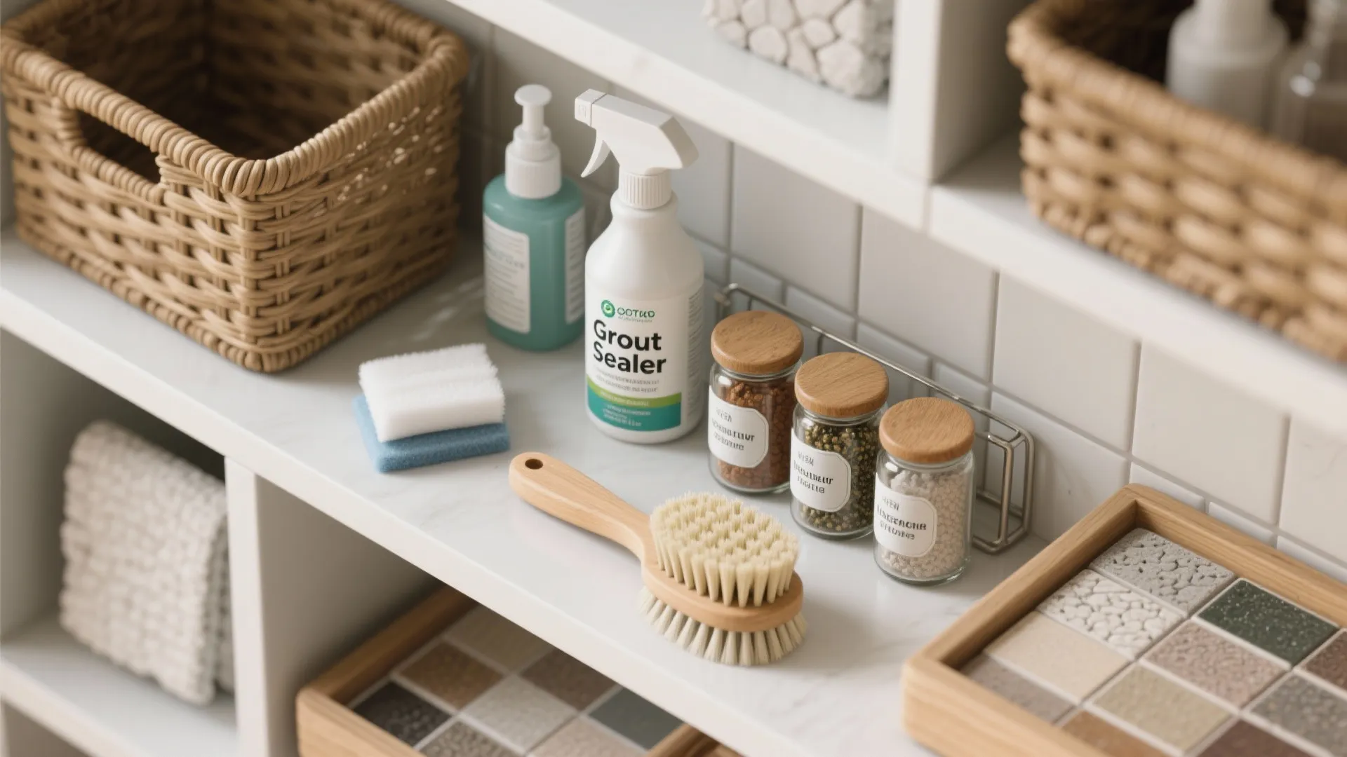 Flatlay of grout sealer, brushes, labeled storage jars and tile swatches