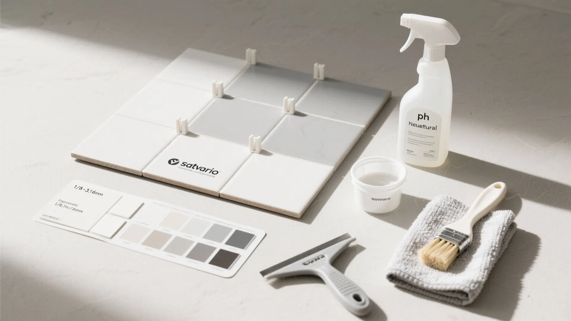 Tile installation kit with floor tiles spray bottle brush cleaning cloth and color sample card