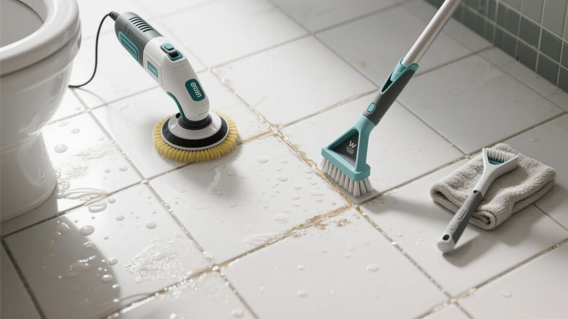 Top-down of grout cleaning tools: spin scrubber, V-shaped brush, and microfiber on tile.