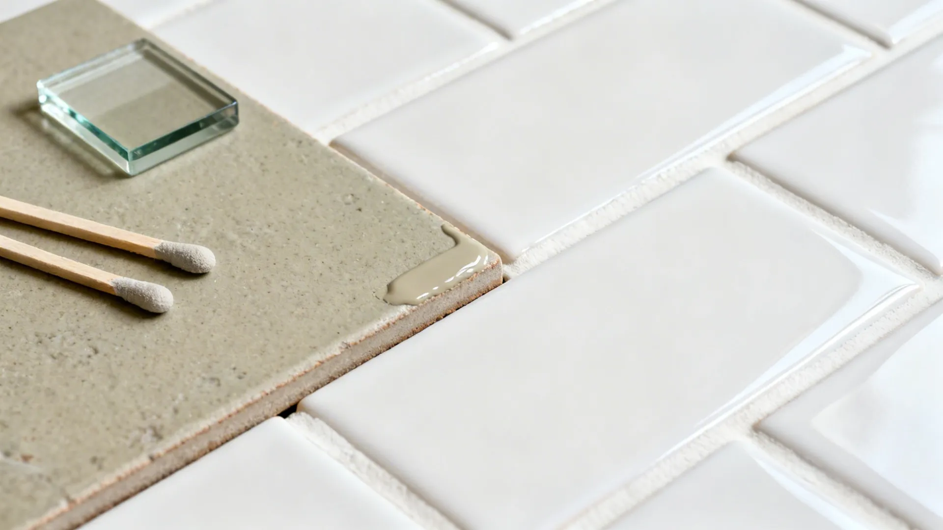 Macro of grout sticks tested next to glossy subway and greige zellige tiles.