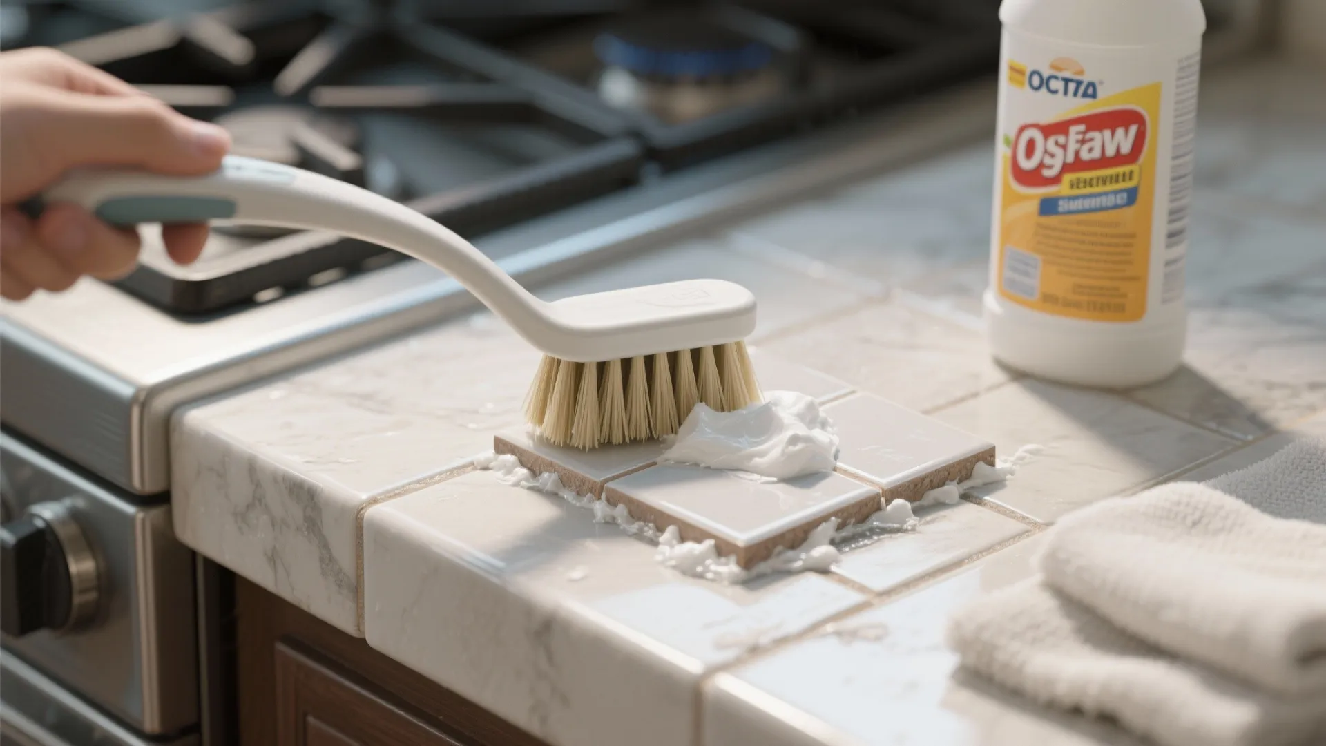 Cleaning supplies and sealed grout detail demonstrating grout maintenance near a stove.