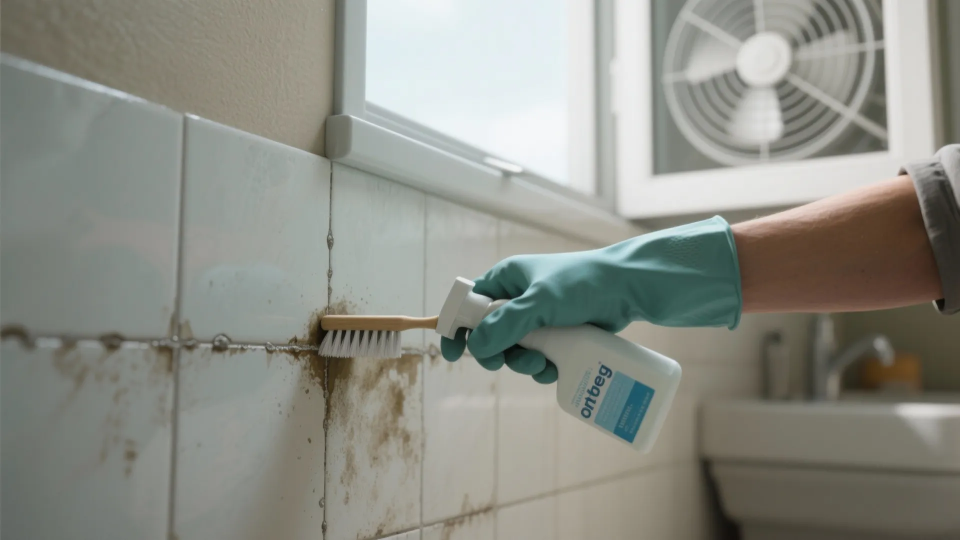 Hand in rubber glove using small brush and spray bottle to clean dirty wall tiles