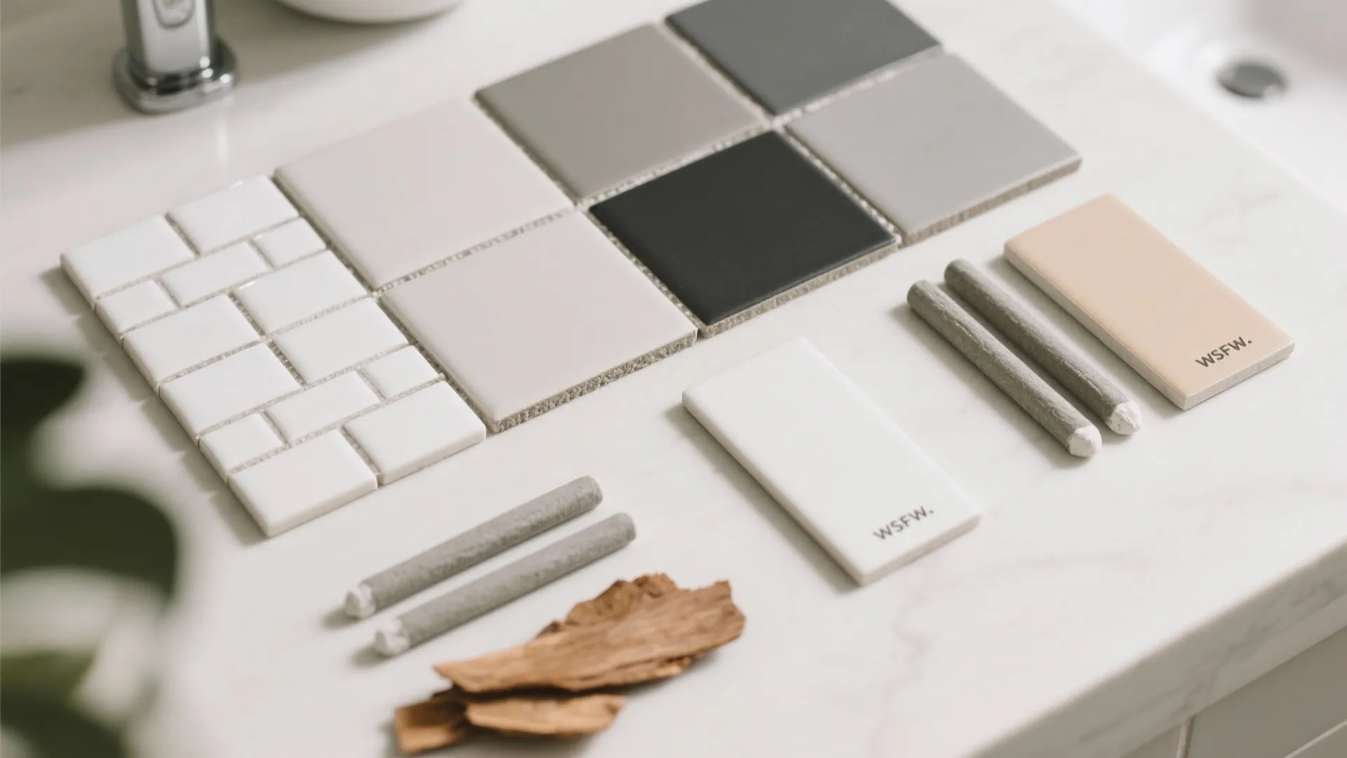 Various square and rectangle wall tile samples in white grey and black colors on white surface