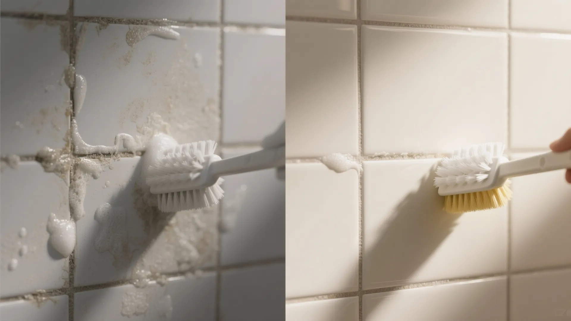 Comparison showing dirty bathroom wall tiles on left and clean white tiles on the right