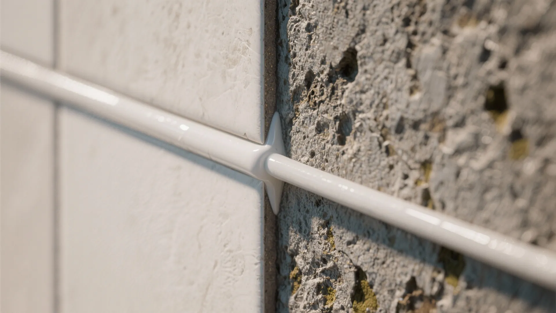 Close up showing white sealant line filling a gap between bathroom wall tiles and concrete