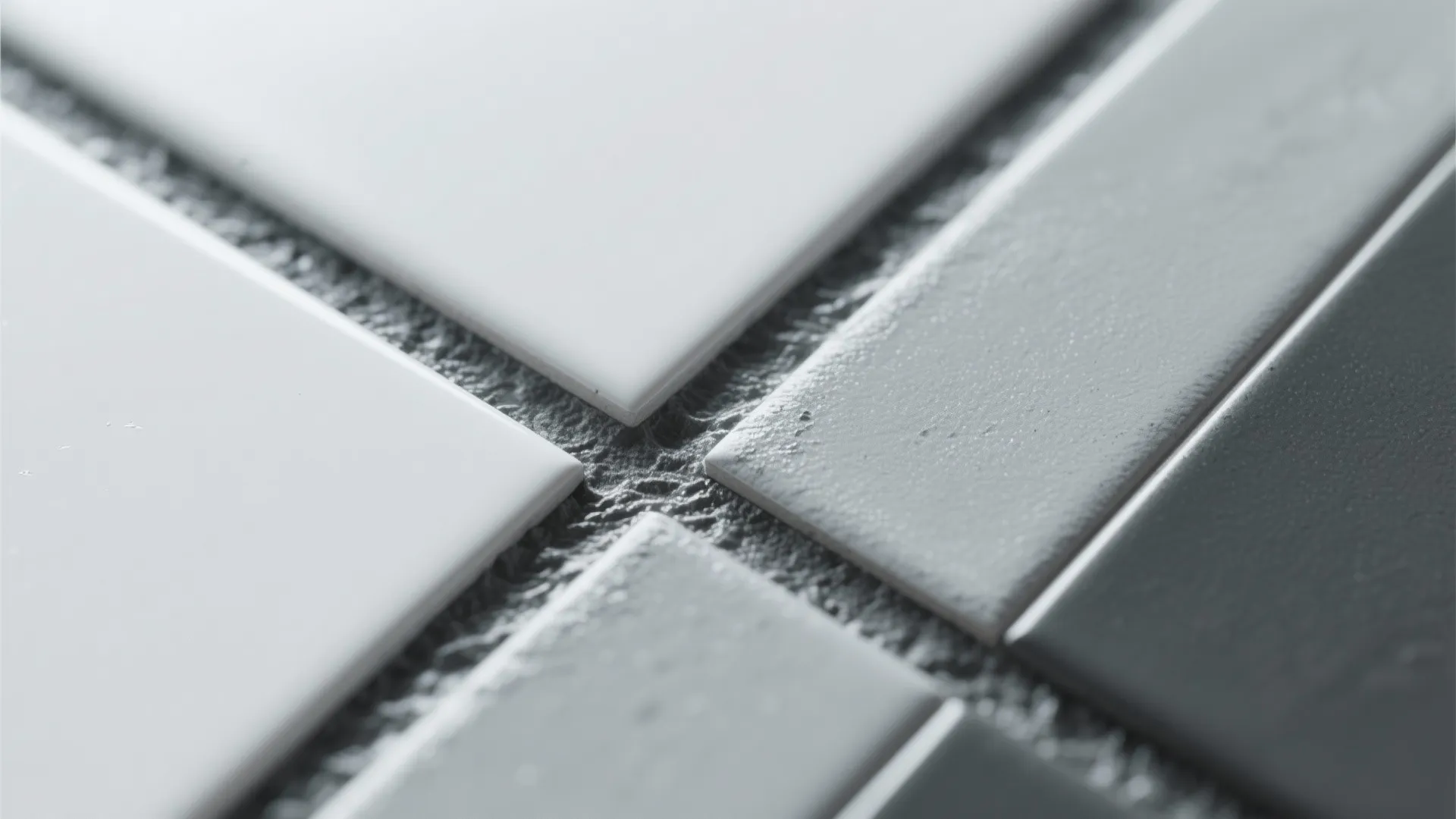 Extreme close up of white and grey floor tiles showing the detailed texture of grout