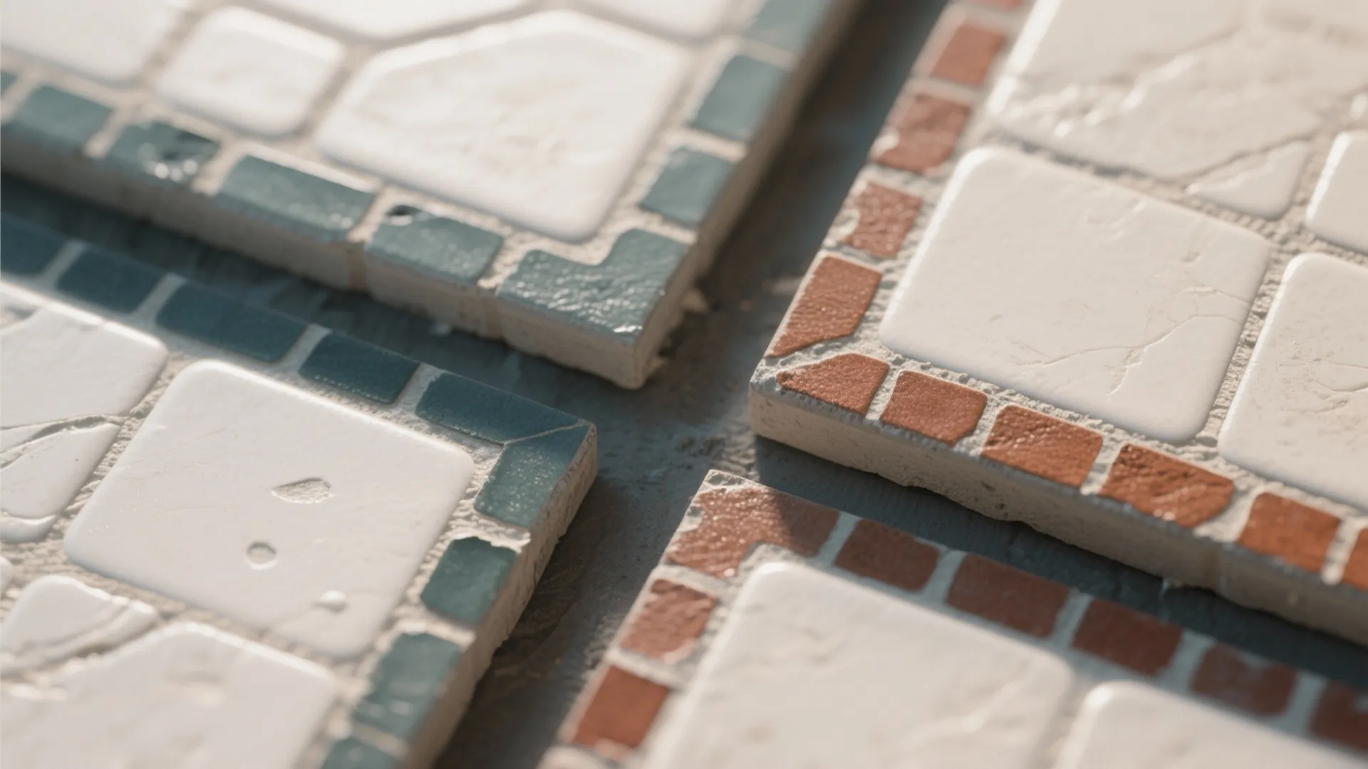 Close-up of tile edges and grout showing matched versus contrasting grout effects.