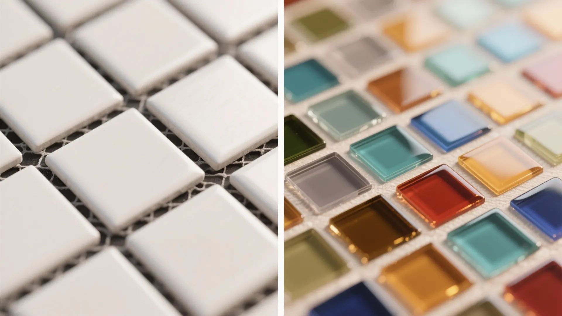 Close up comparison of white square tiles and colorful glass mosaic tiles for home decoration