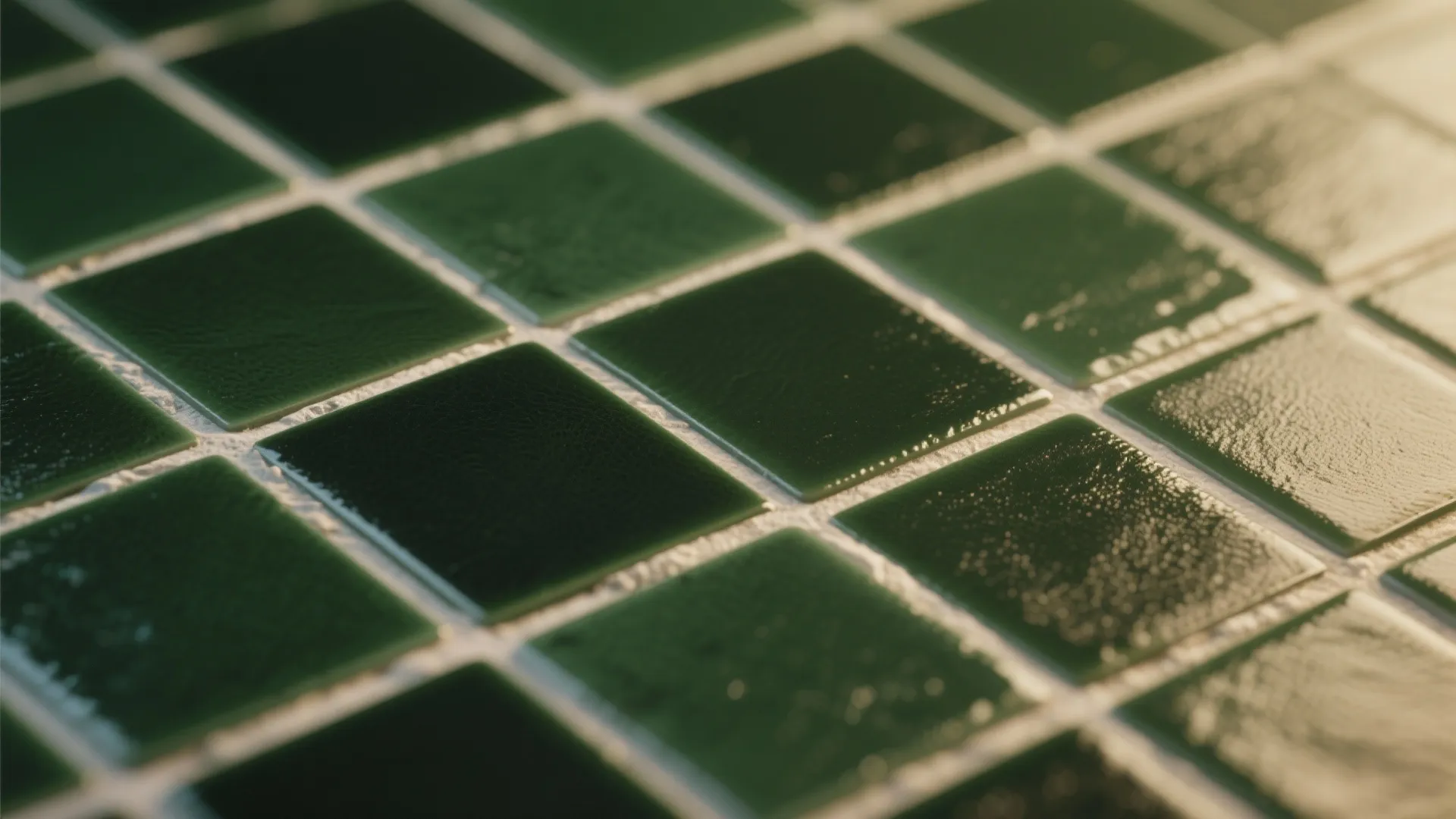 Close up view of dark green square floor tiles with white grout and glossy surface finish