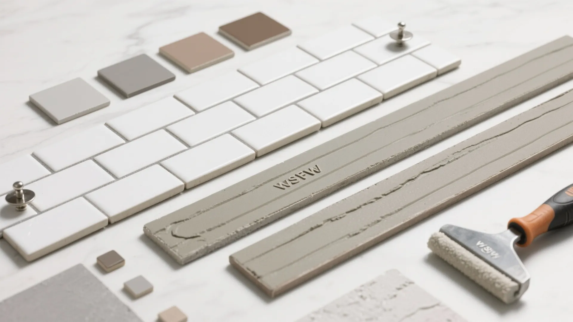 White subway tiles and colorful square samples arranged on marble with long grey grout material