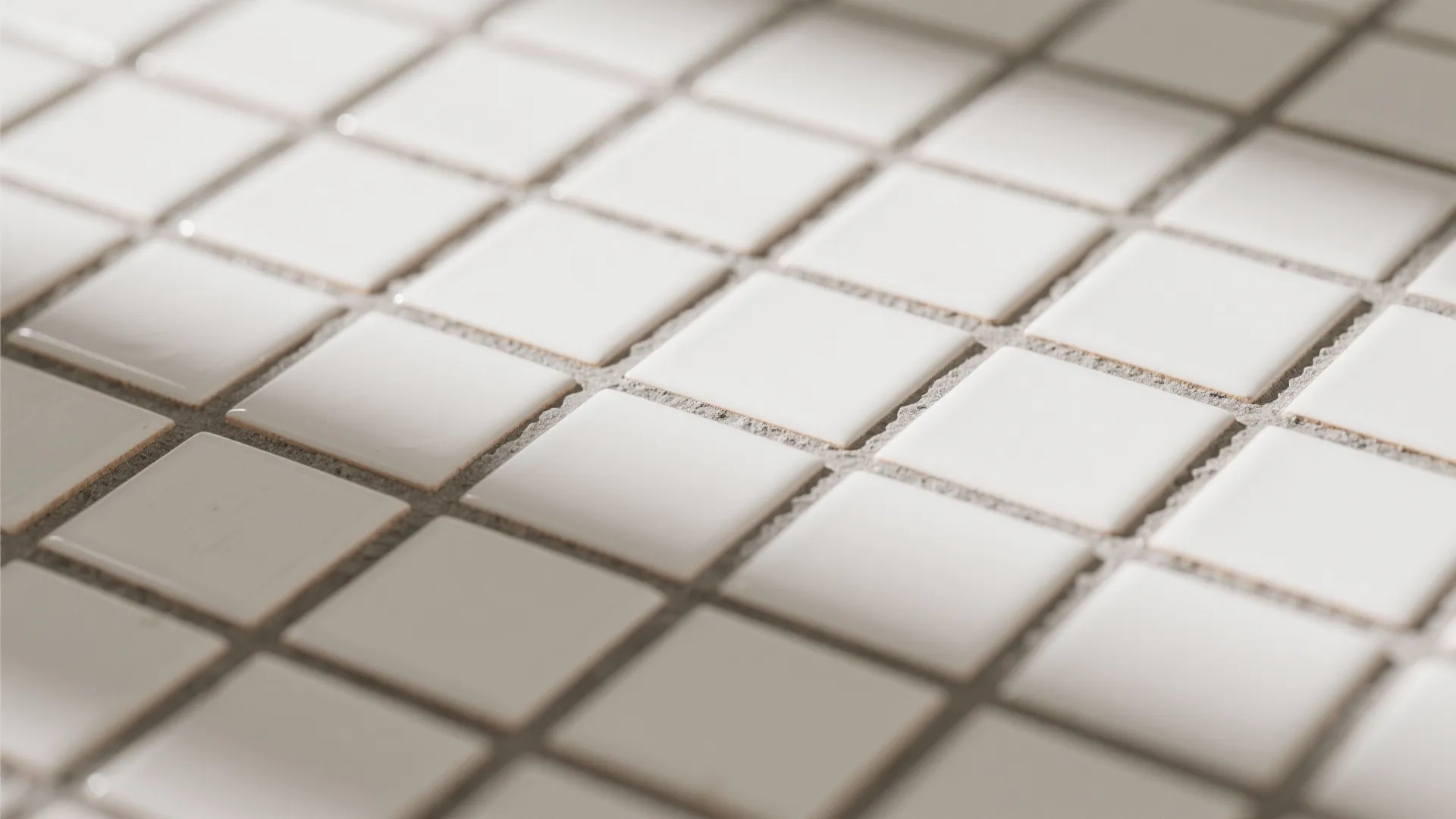 Close up view of small white square floor tiles with dark grey grout and shadows