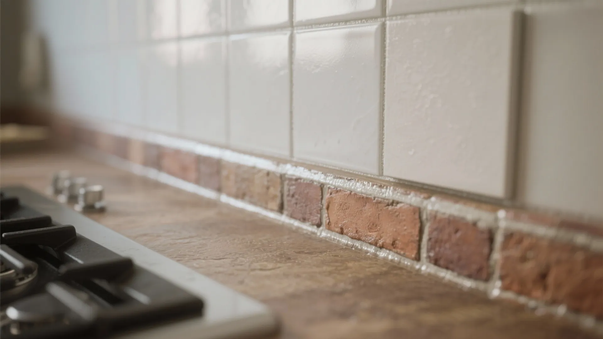 Close up of white wall tiles with red brick border on a brown kitchen counter top