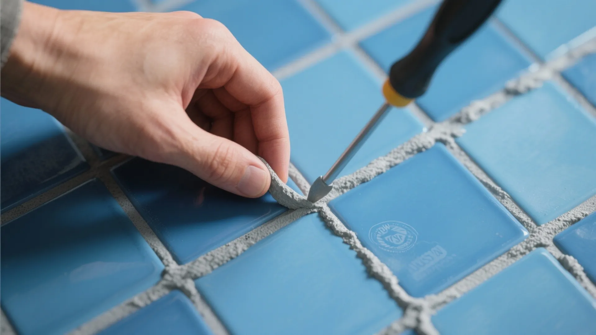 Hand using a small tool to remove old grey grout from between blue square tiles