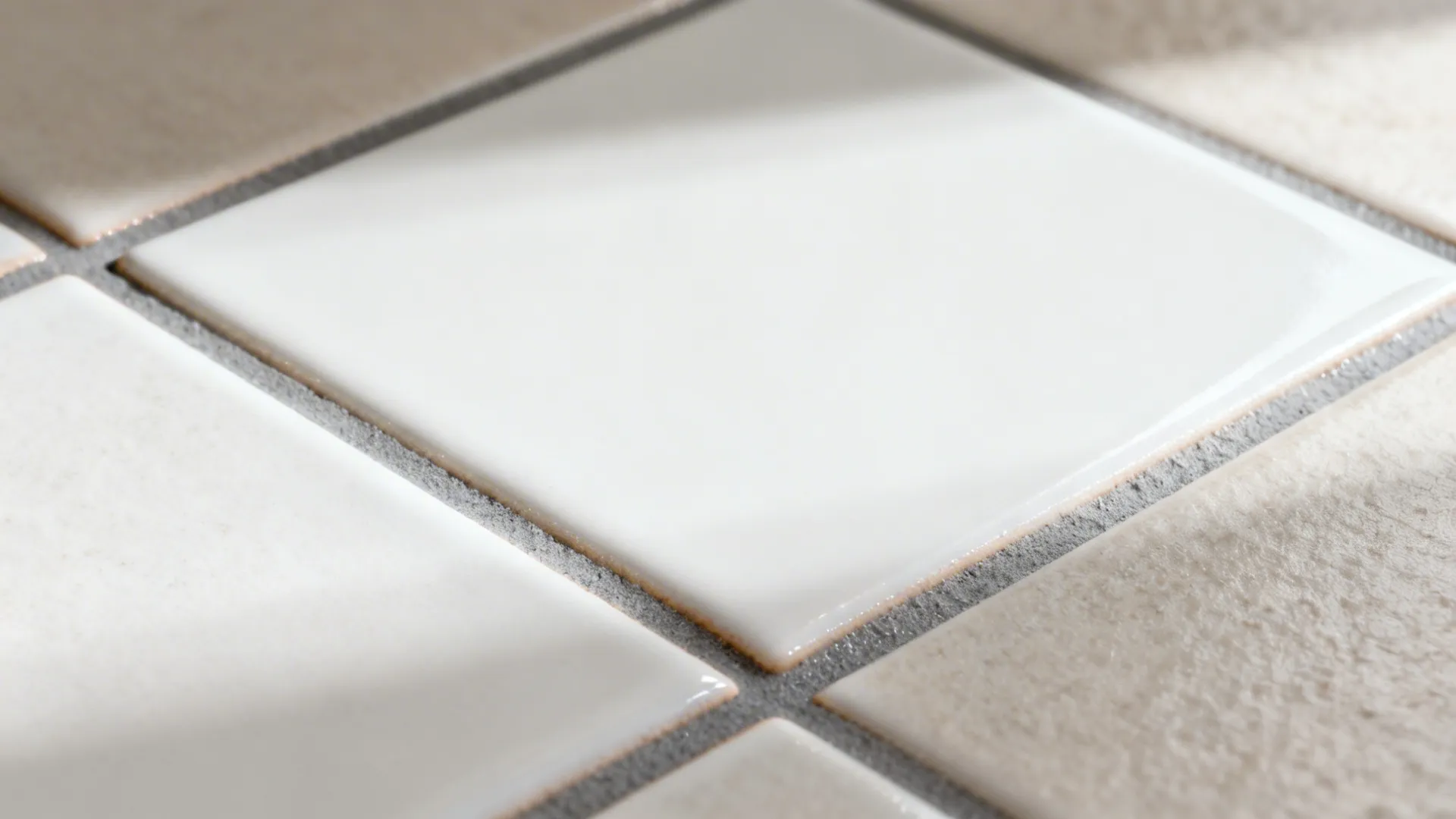Close up of white floor tiles with grey lines showing the clean grout detail finish