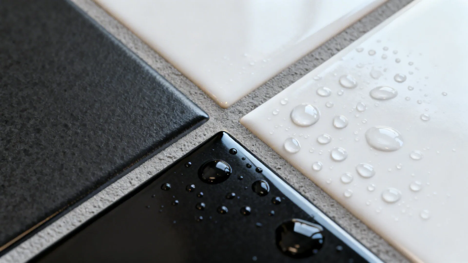 Macro detail of medium-gray grout between black-and-white tiles showing texture and water resistance.