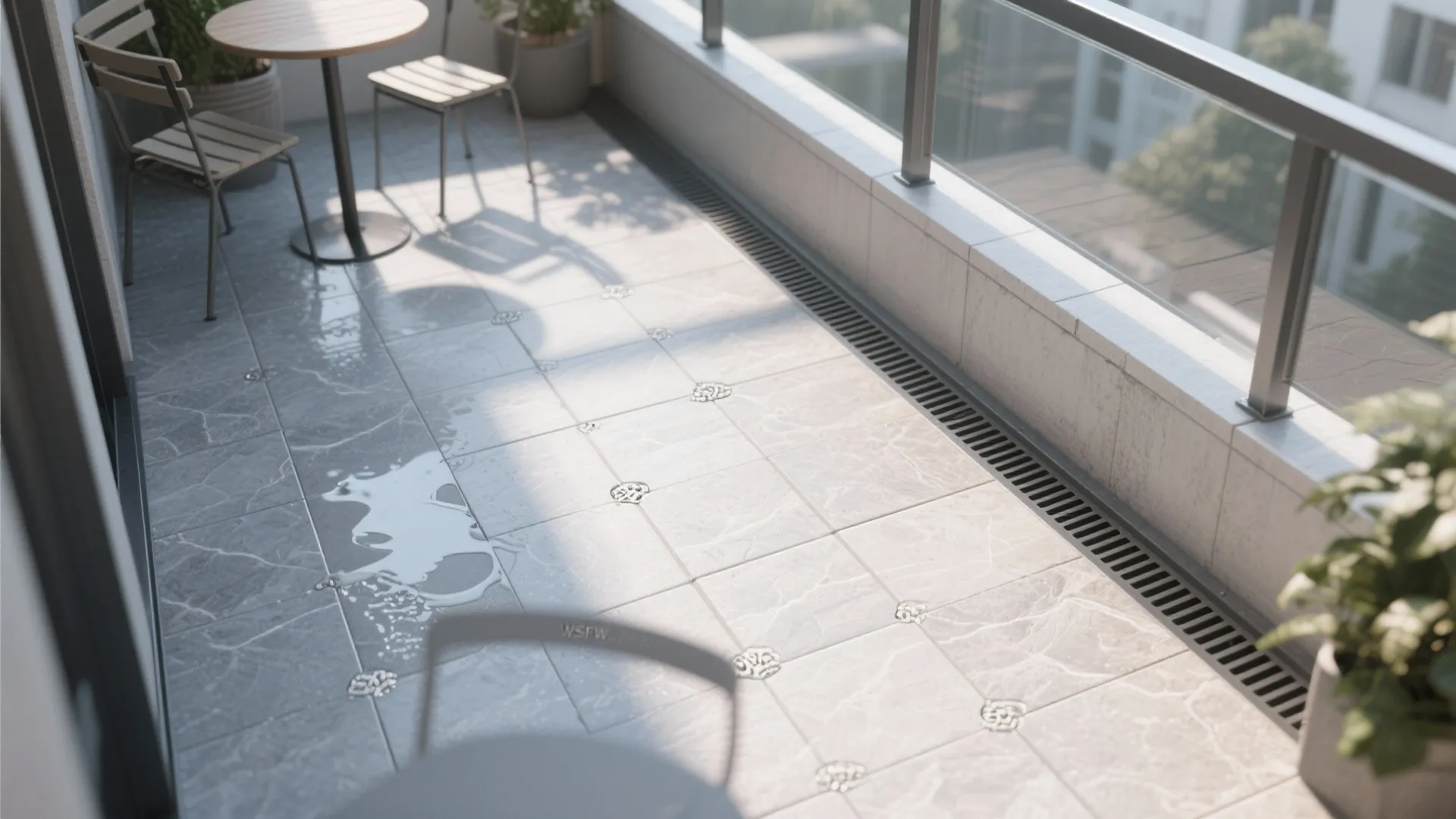 Balcony with grey floor tiles and a long metal drainage grate near the glass railing