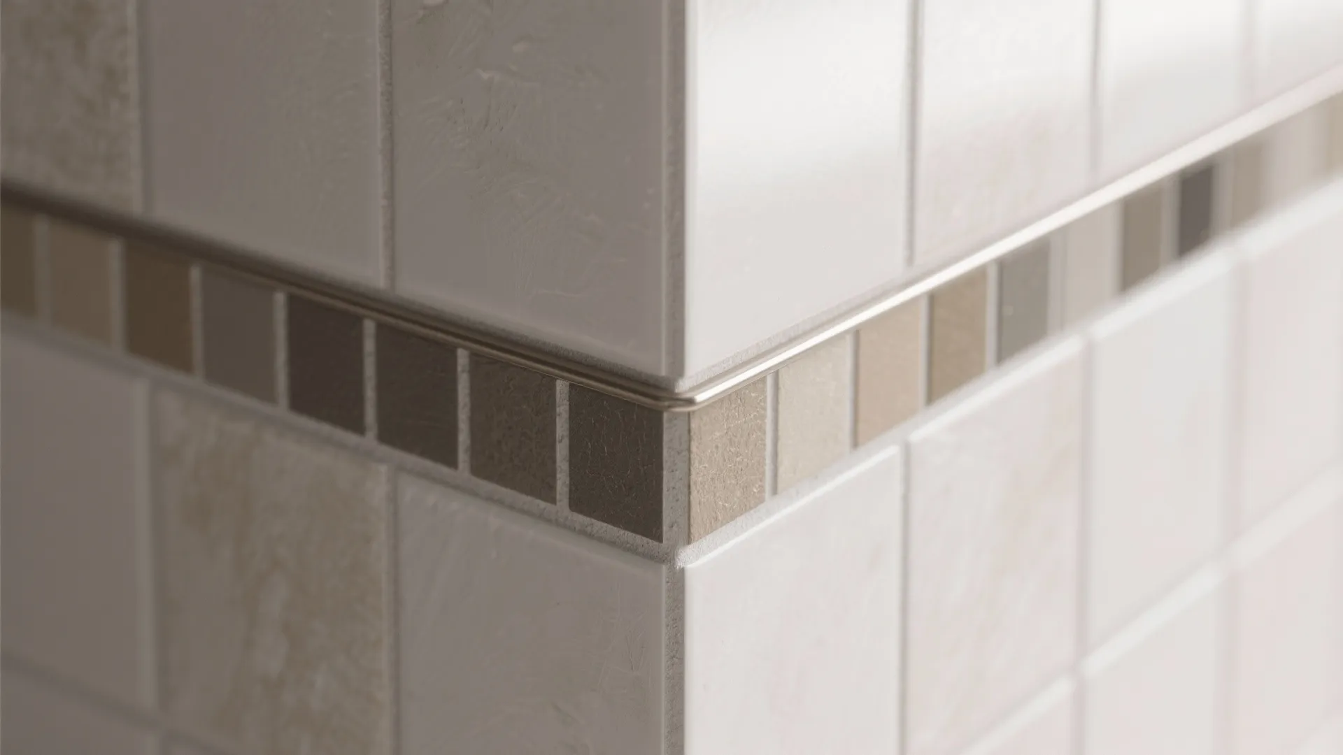 Close up view of white wall tiles with a decorative small brown tile border strip