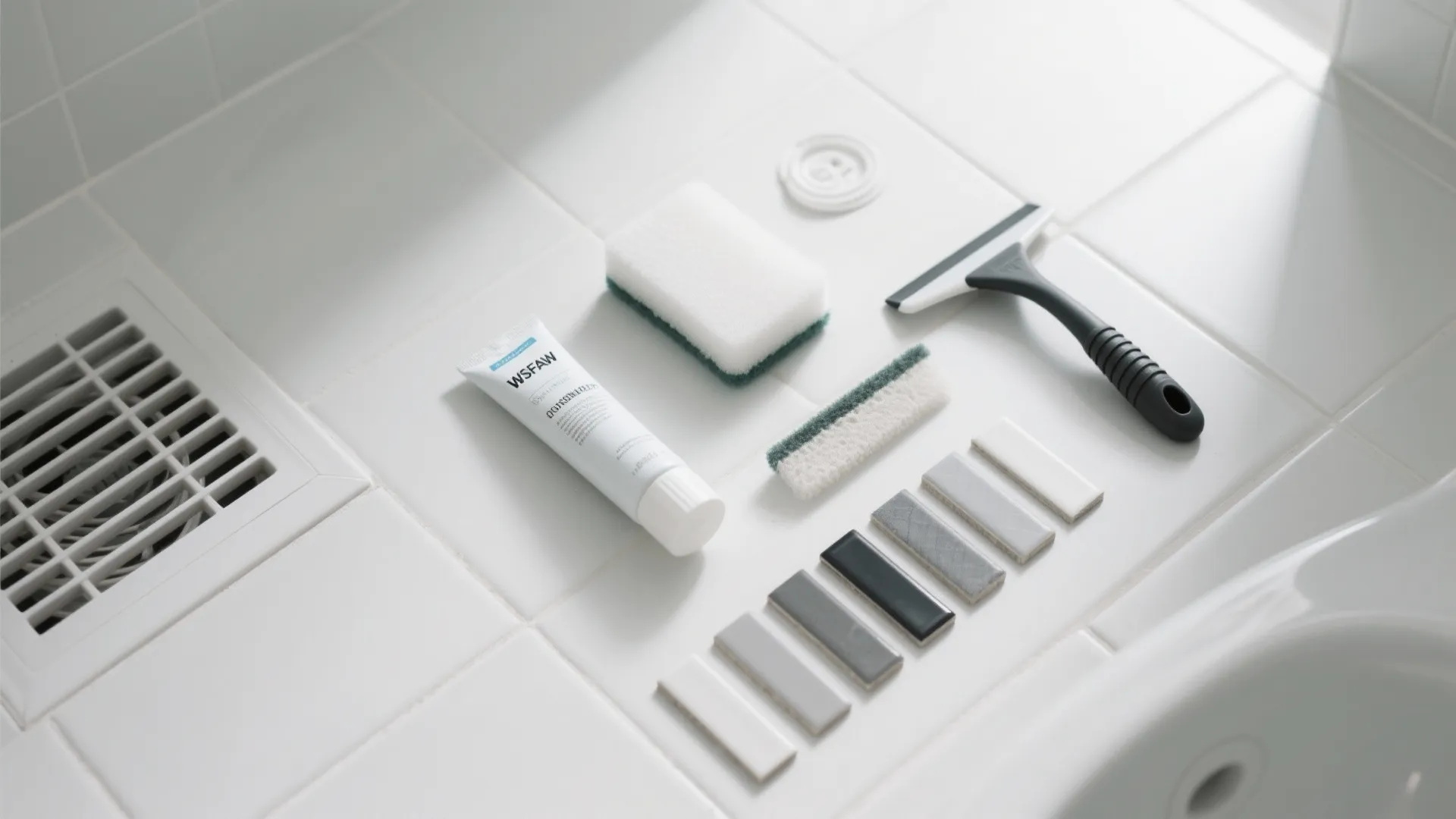 Top-down arrangement of bathroom care essentials—fan, squeegee, sealant, tiles—suggesting grout maintenance and ventilation.