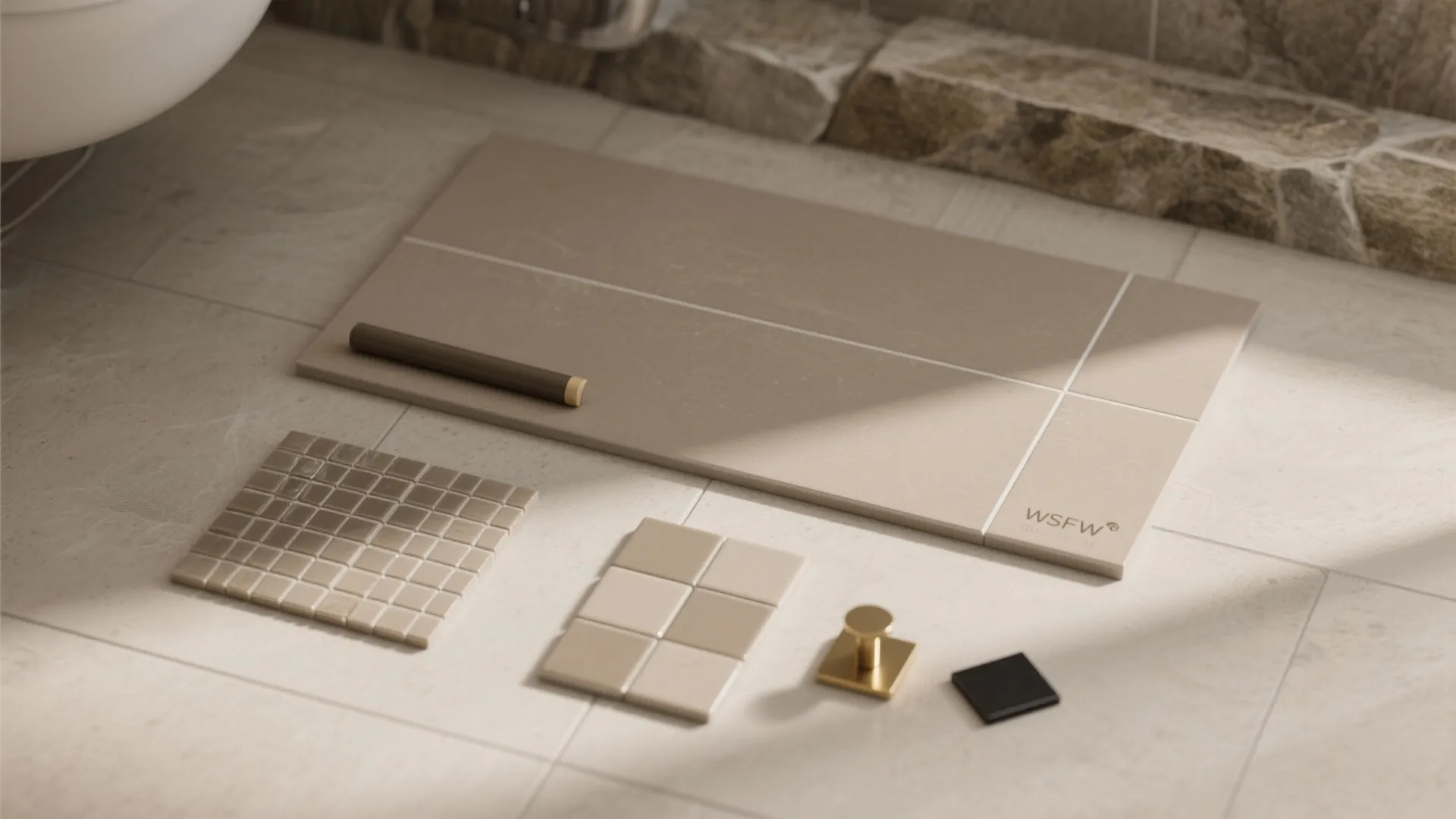 Flat lay of porcelain tile with matched and slightly darker grout samples plus mosaic and finish chips.