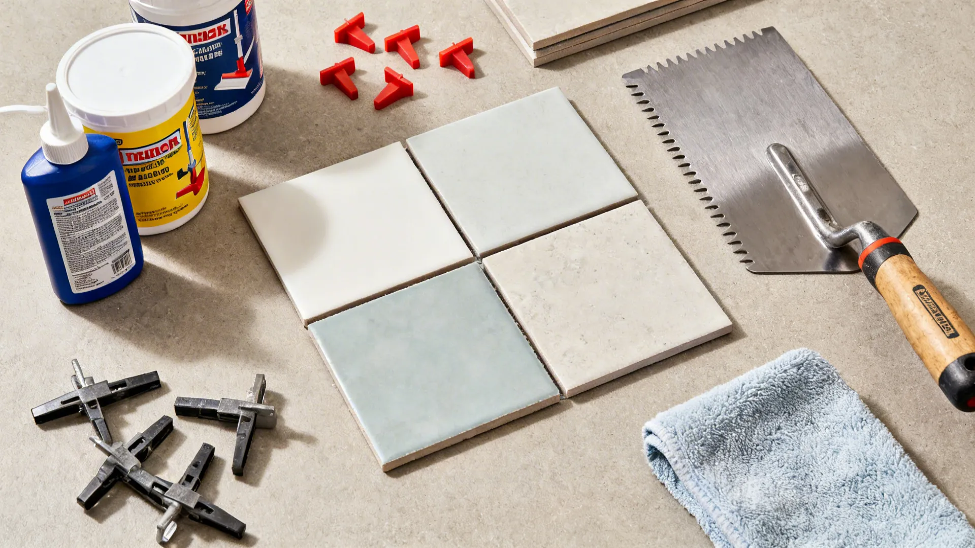 Top-down view of epoxy grout, spacers, leveling clips, and trowel with sample tiles.