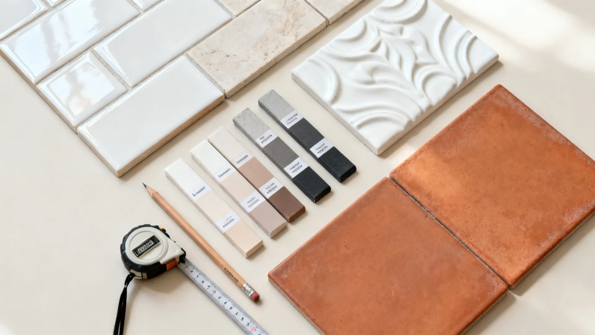 Top-down flatlay of tile chips and grout shades showing white, stone-look, textured, and terracotta options.