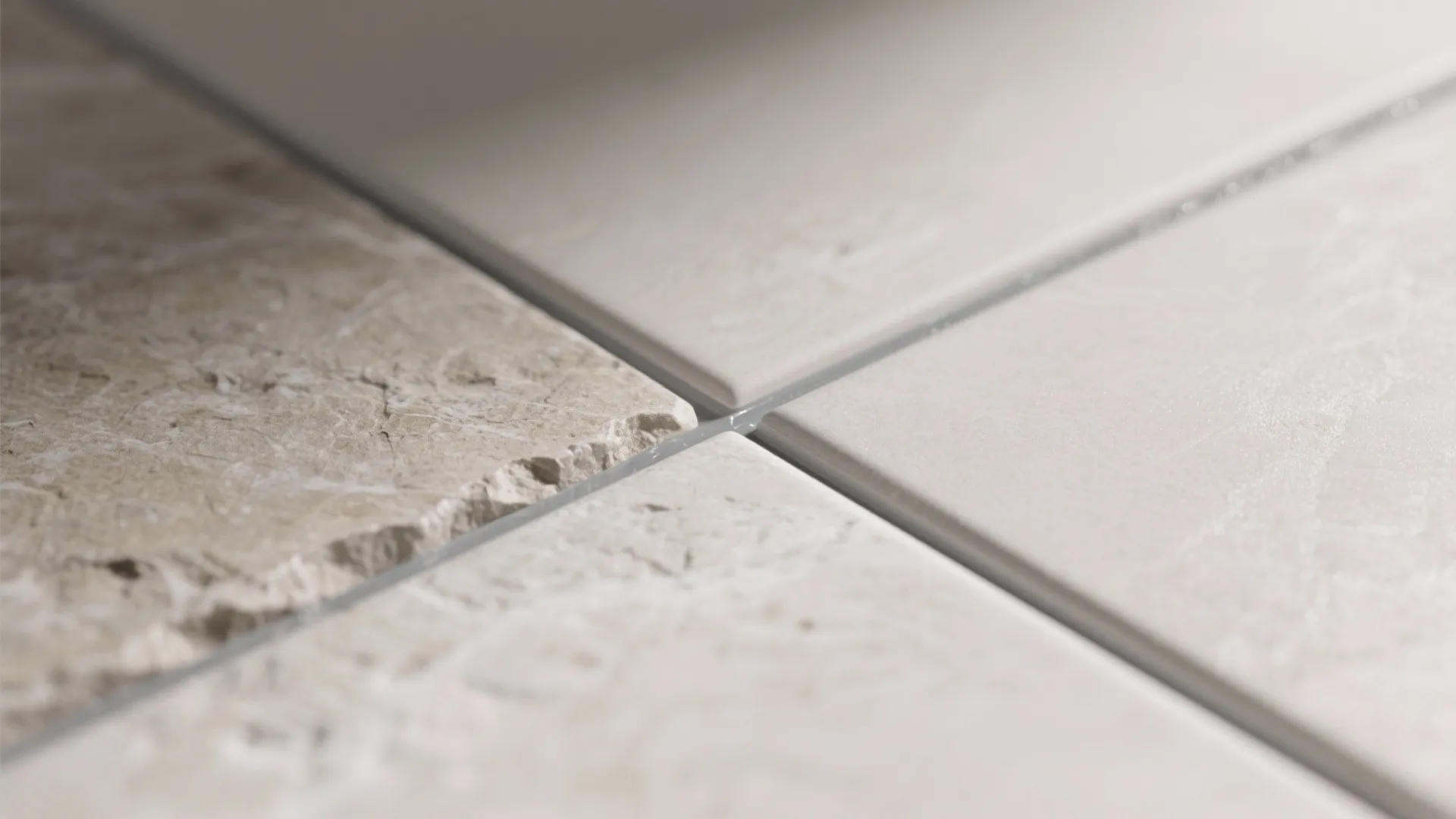 Close up view of floor tiles showing clean grout lines between textured and smooth surfaces
