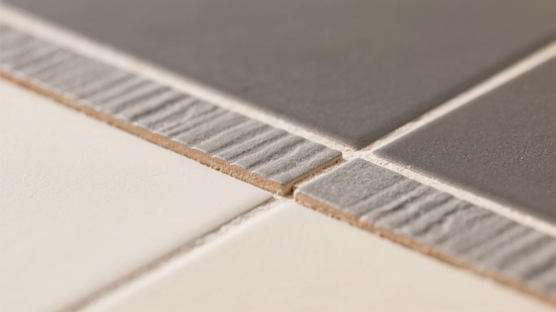 Close view of white and dark grey floor tiles showing textured borders and clean grout