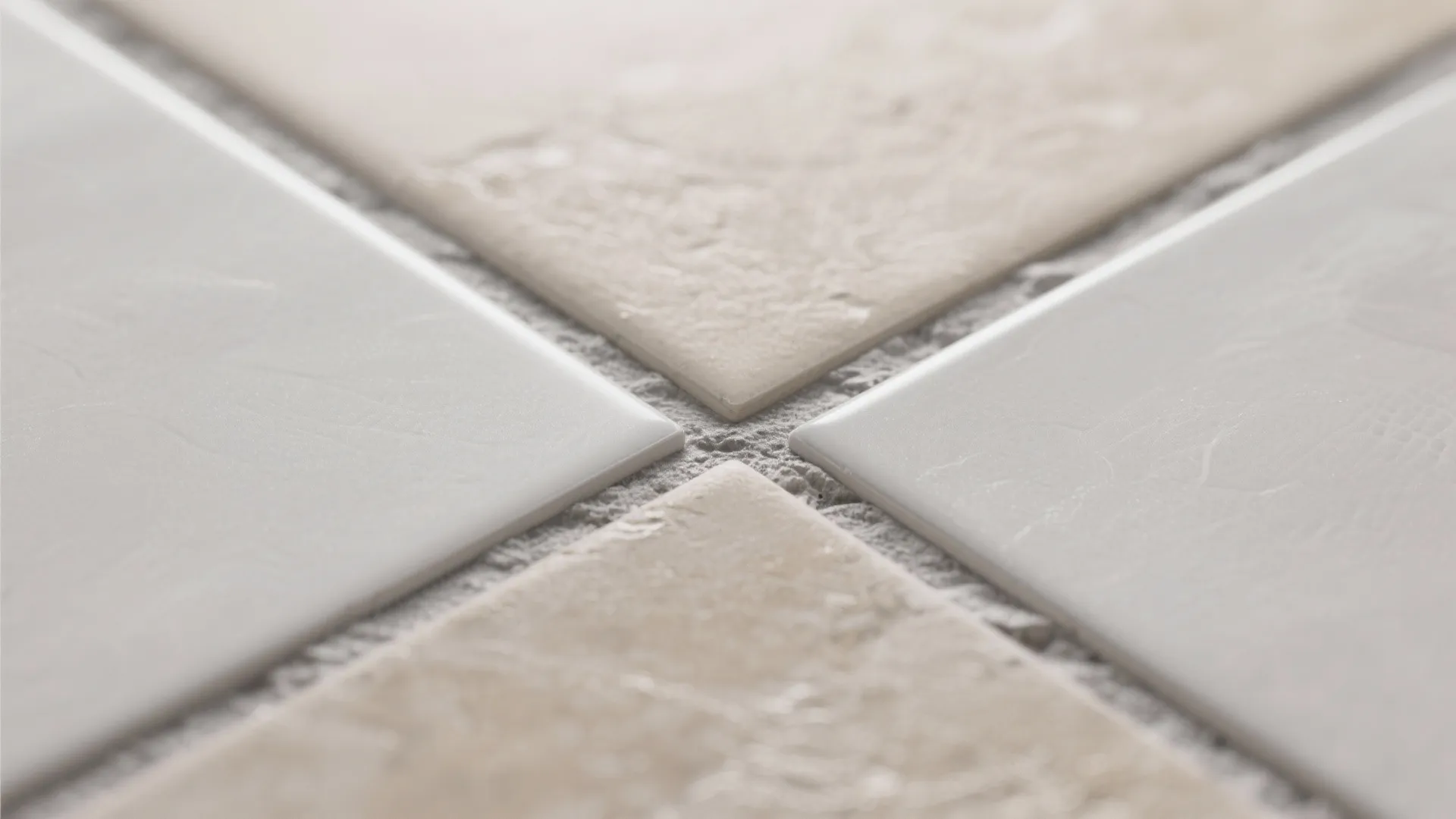 Close view of four stone tiles meeting with wet grey cement in the middle gap