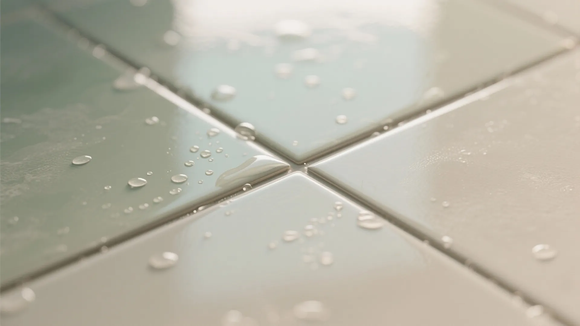 Macro of clean grout lines on matte porcelain tiles with gentle water beading.