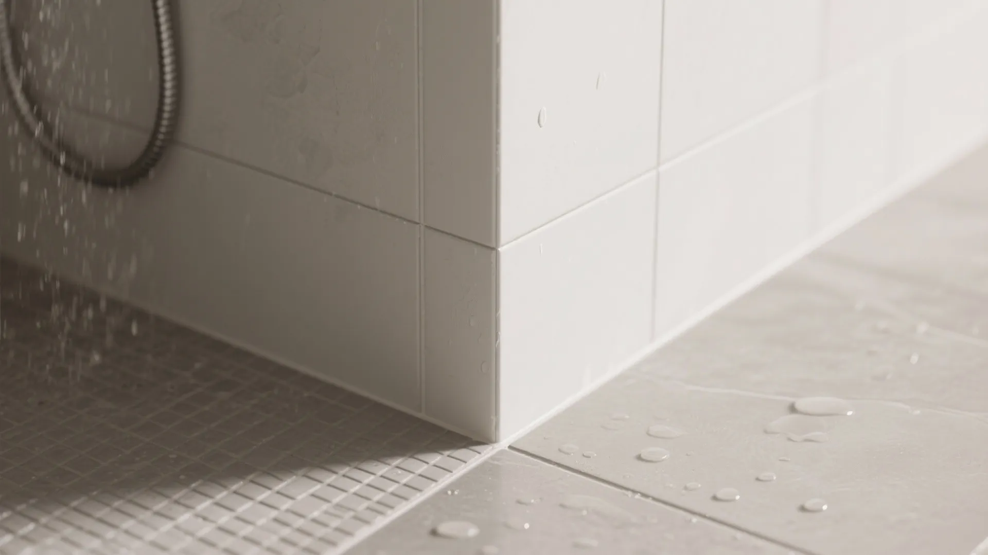 Macro of a grout seam with water beading between a porcelain wall tile and a matte textured floor tile.