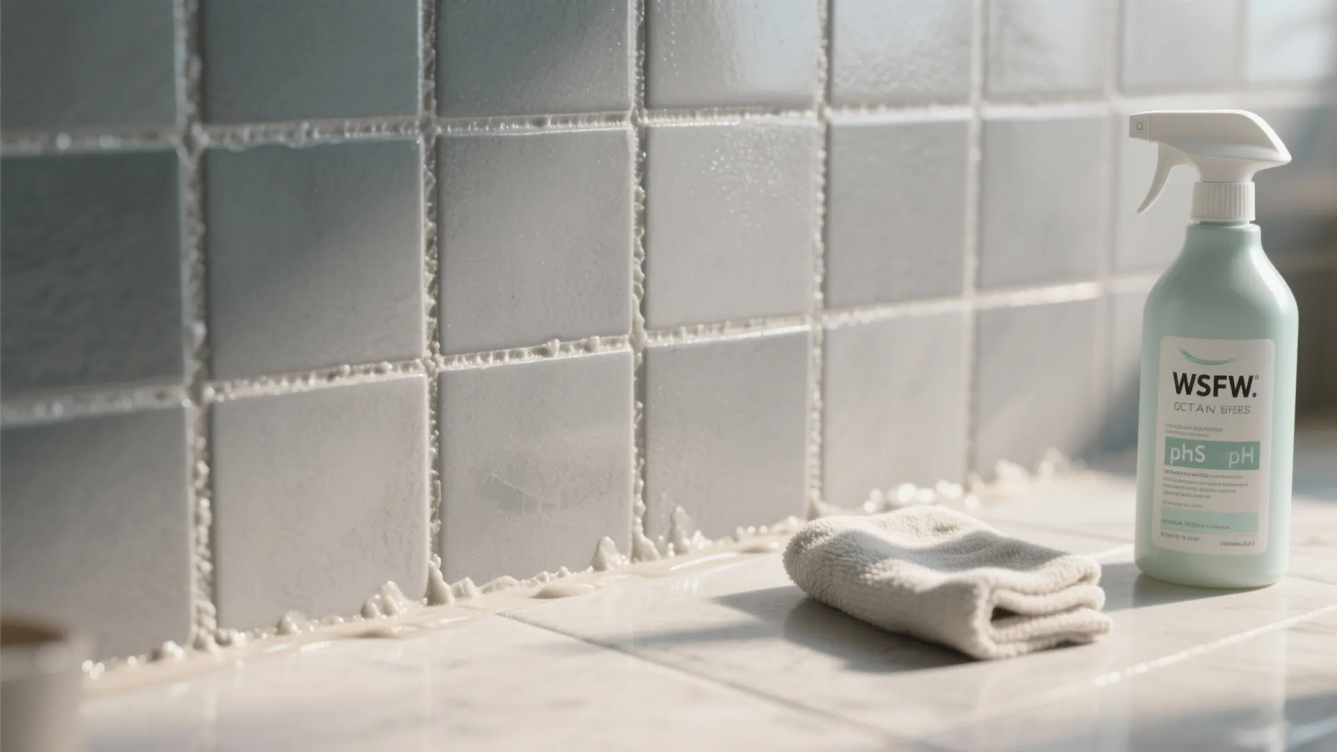 Cleaning square wall tiles with a spray bottle and a folded white cloth on counter
