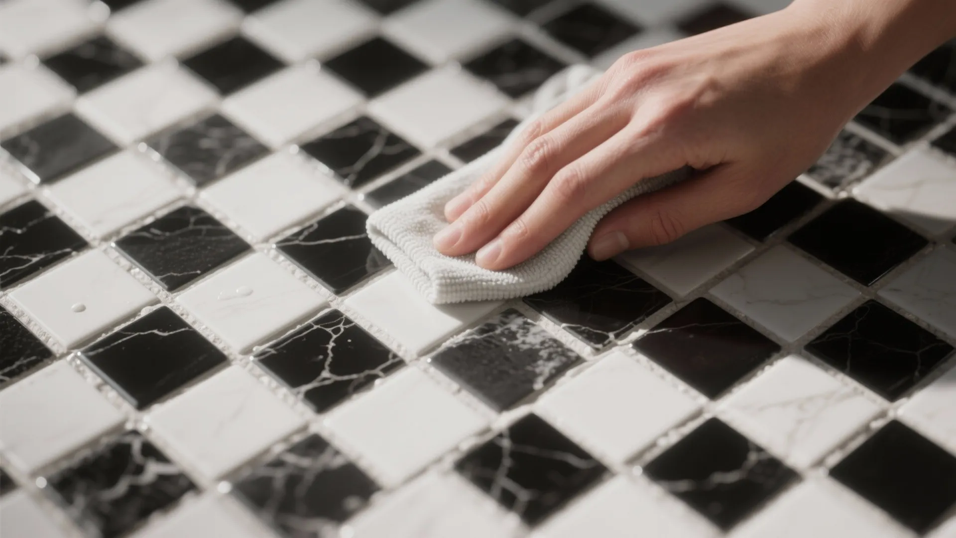 Close-up of cleaning grout on black-and-white mosaic tiles with a soft cloth and mild cleaner.