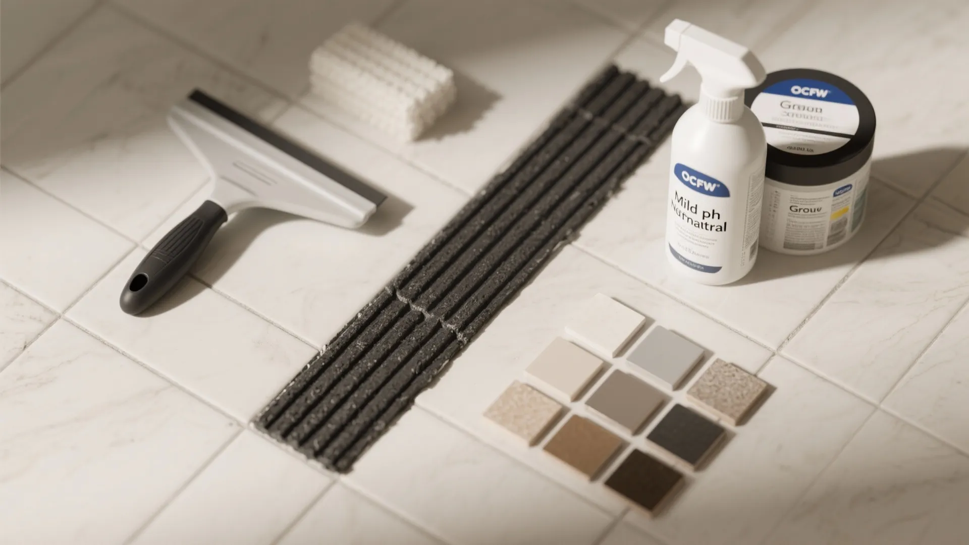 Flatlay of black grout sample, sealer, squeegee and tile swatches for maintenance tips.