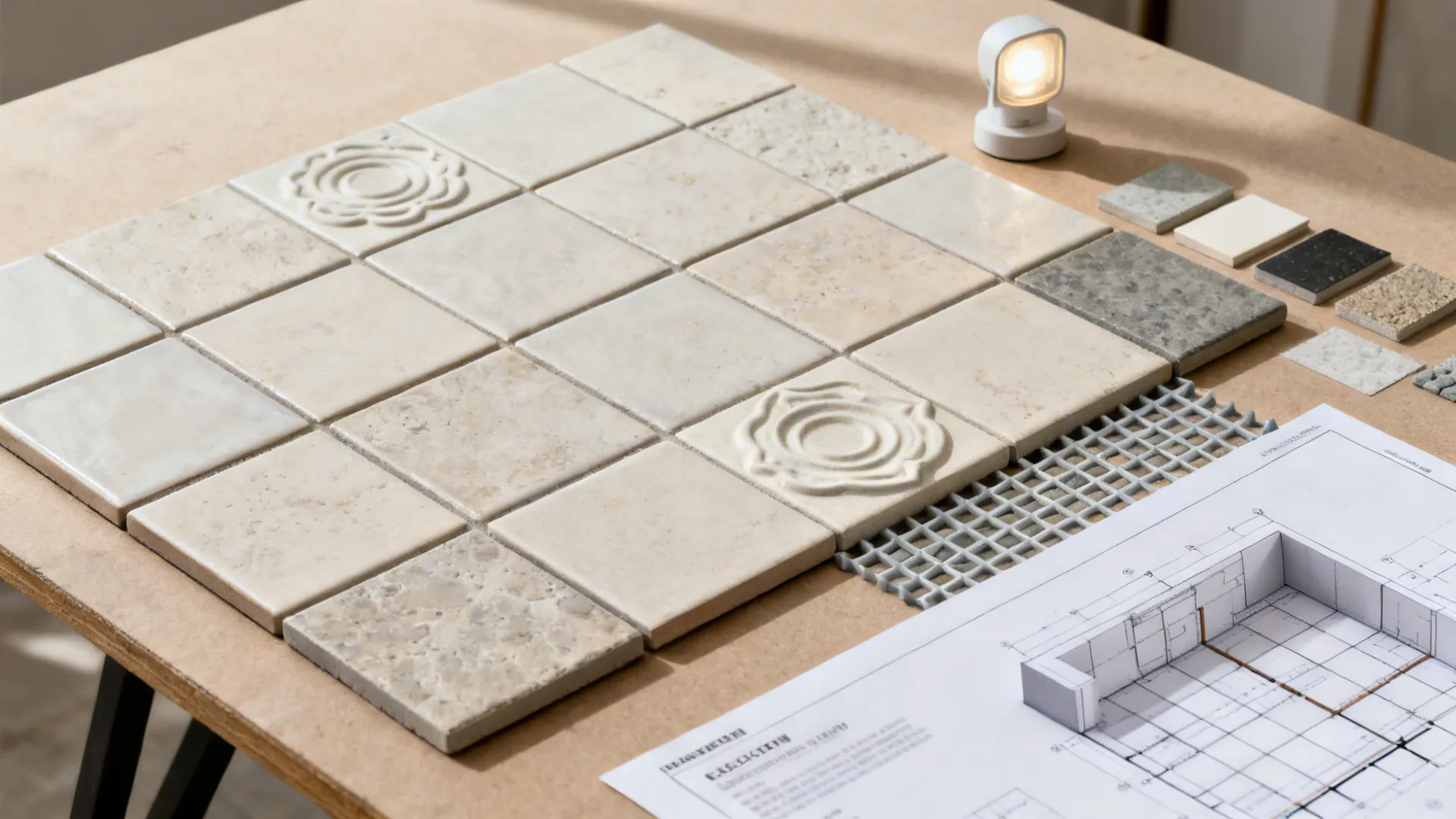 Top-down layout with field tiles, textured inserts, and grout swatches matched to the field.