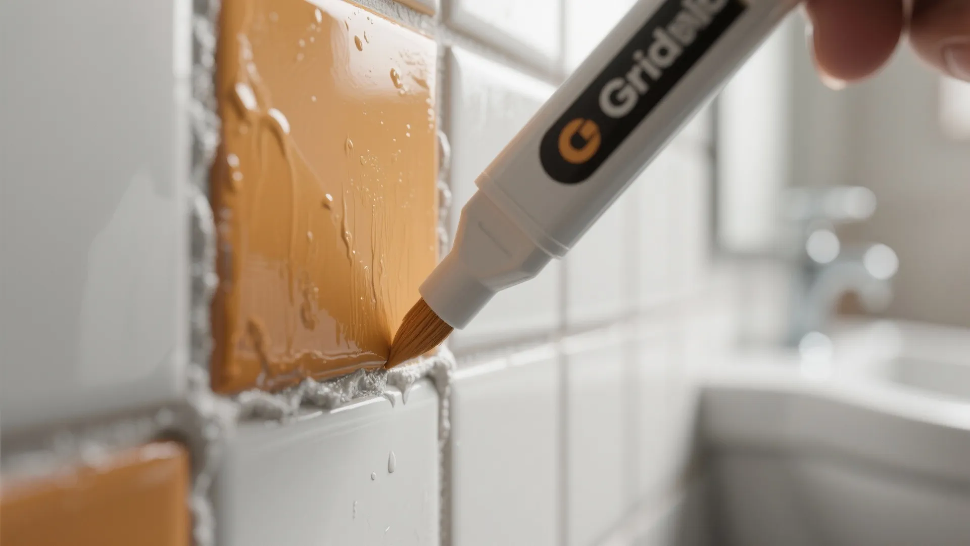 Close-up of grout being recolored with a grout pen to match painted tiles