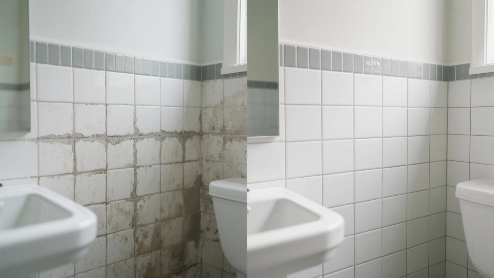 Before and after comparison of dirty bathroom wall tiles versus clean white tiles with grout