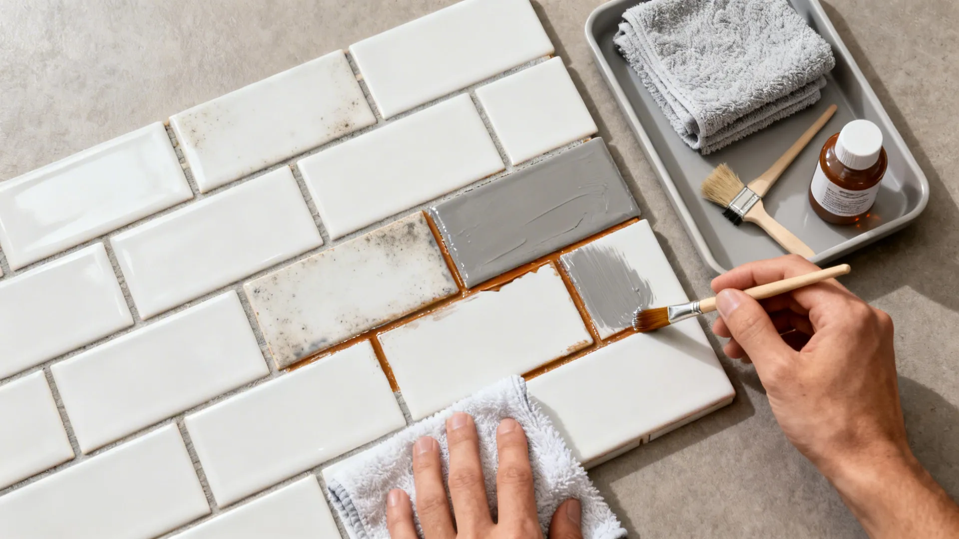 Top-down view showing warm gray grout colorant applied neatly to white subway tiles.