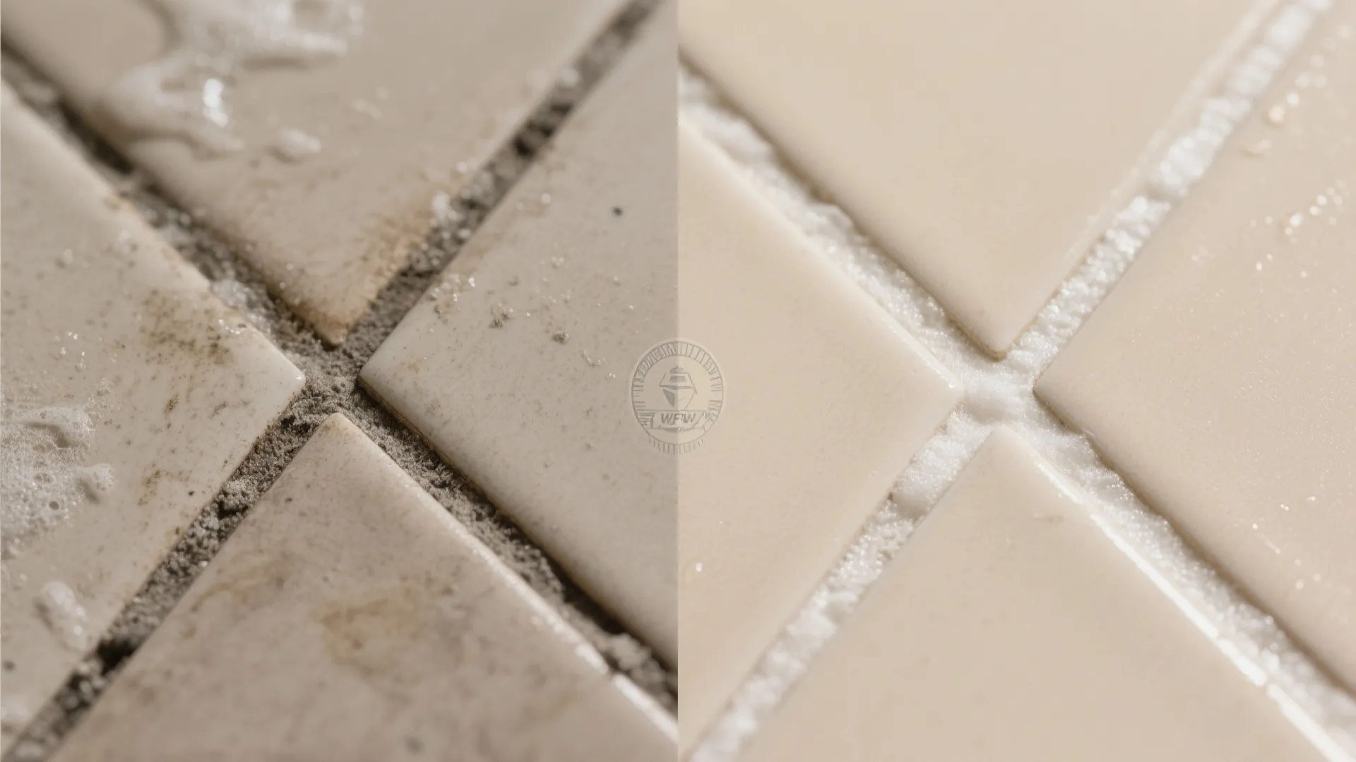 Before and after comparison of dirty floor tile grout versus clean white grout on ceramic tiles